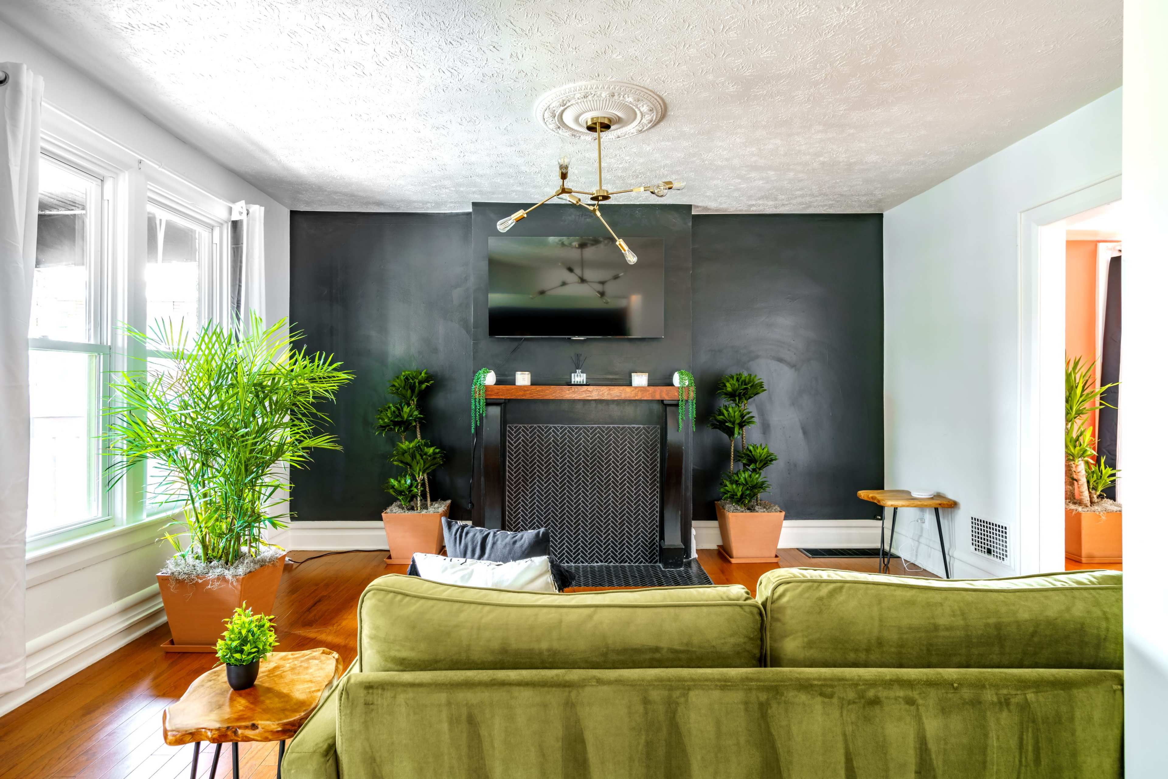 The living room features a green sofa, a black accent wall with a TV mounted above a fireplace, and potted plants in the corners.