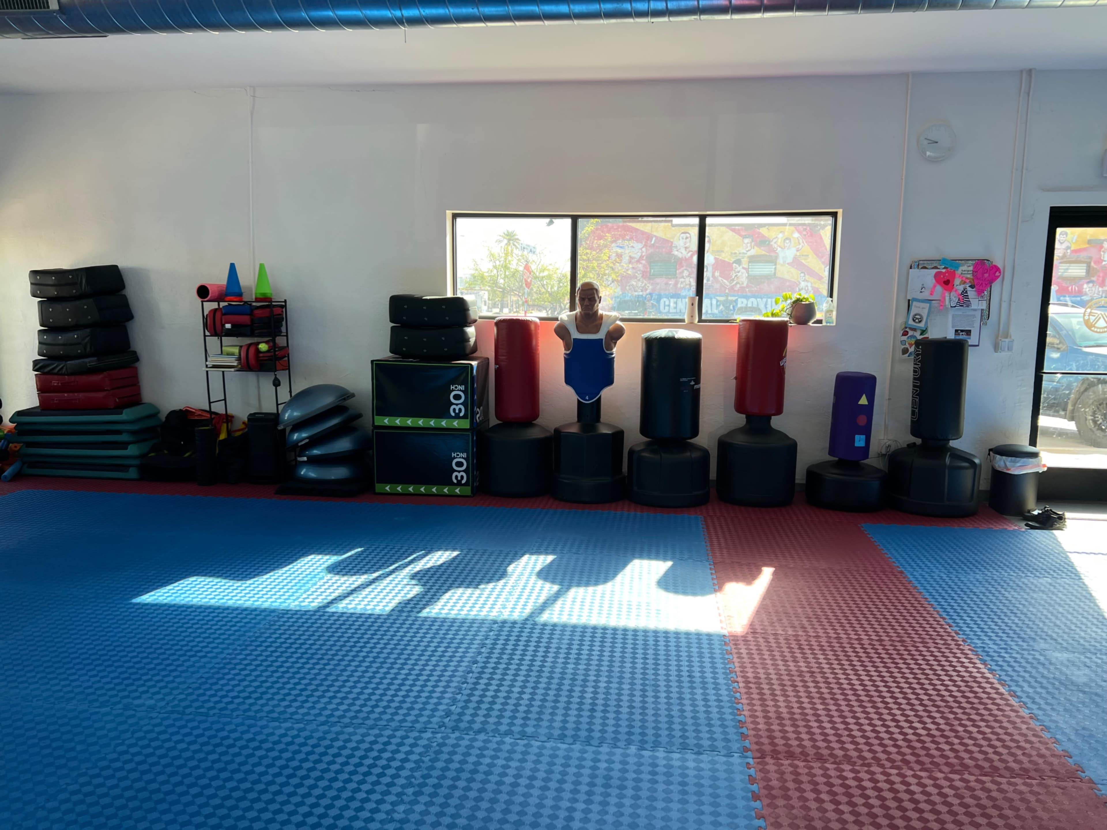 The image shows a brightly lit martial arts training room with colorful padded equipment arranged against the walls and a person stretching near a window.
