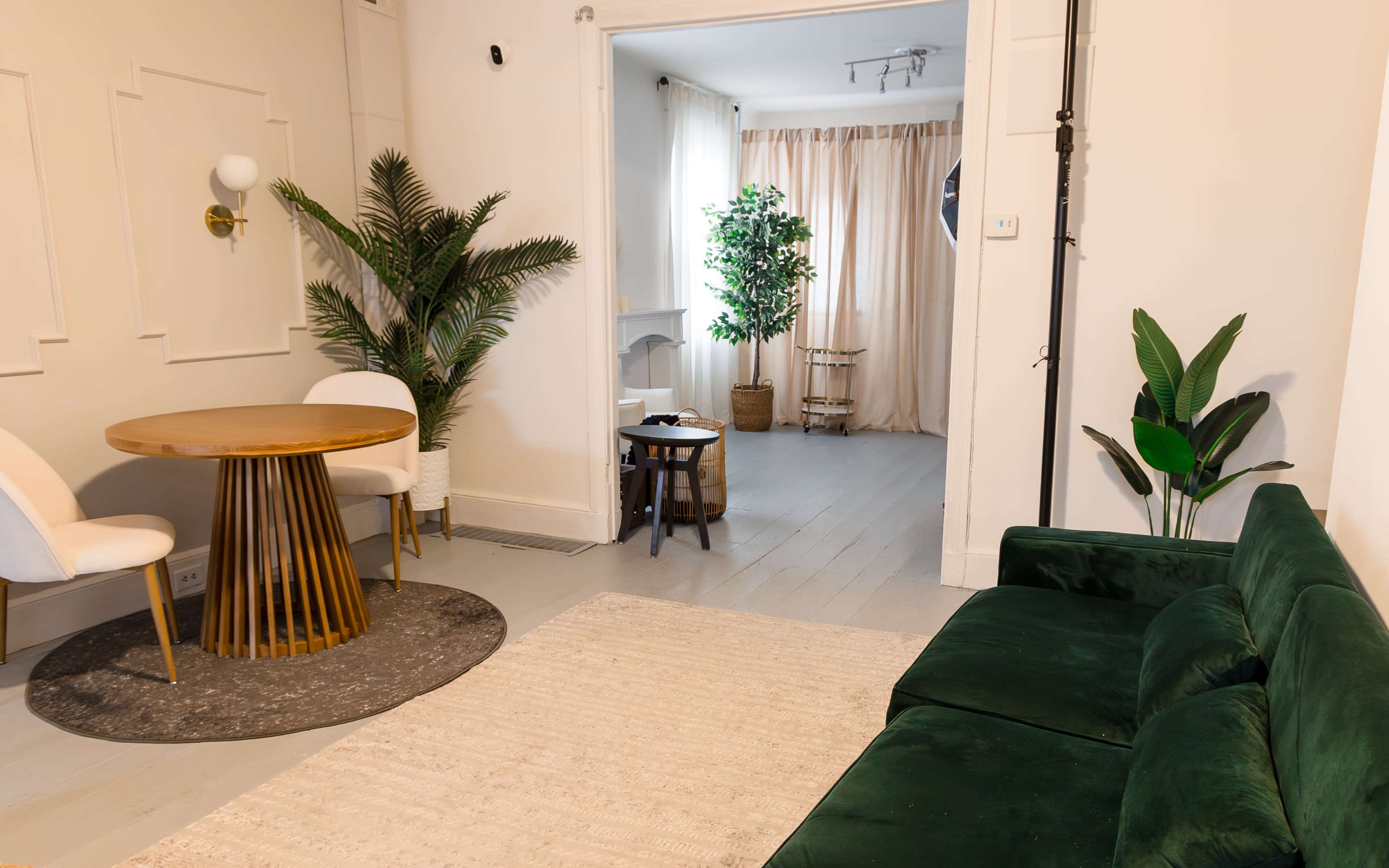 The image shows a modern, well-lit living space featuring a green couch, a round wooden table with white chairs, and various plants.