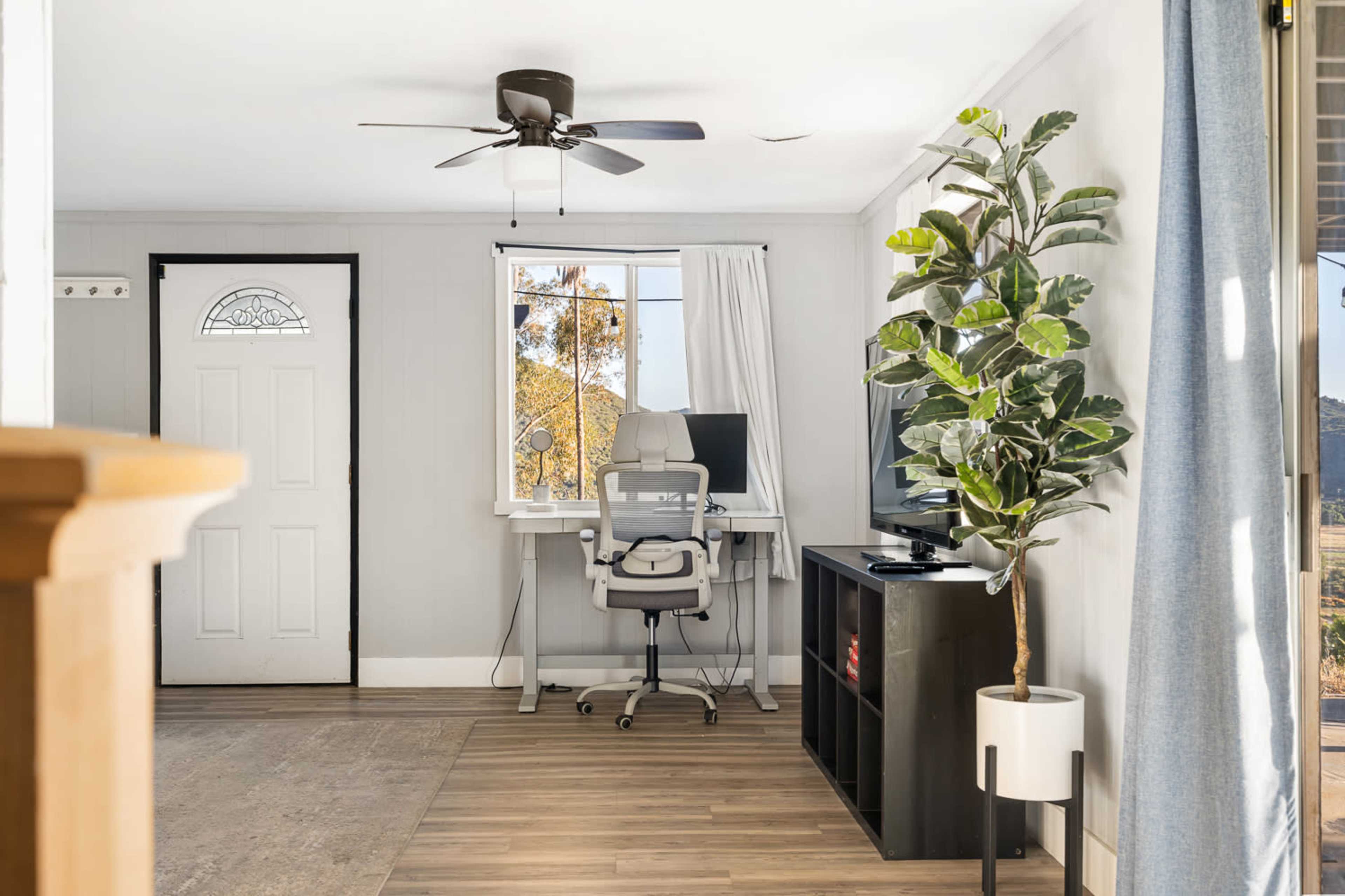 The image shows a bright home office area with a desk, computer, and a TV, adjacent to a door and a large window with curtains, alongside a potted plant.