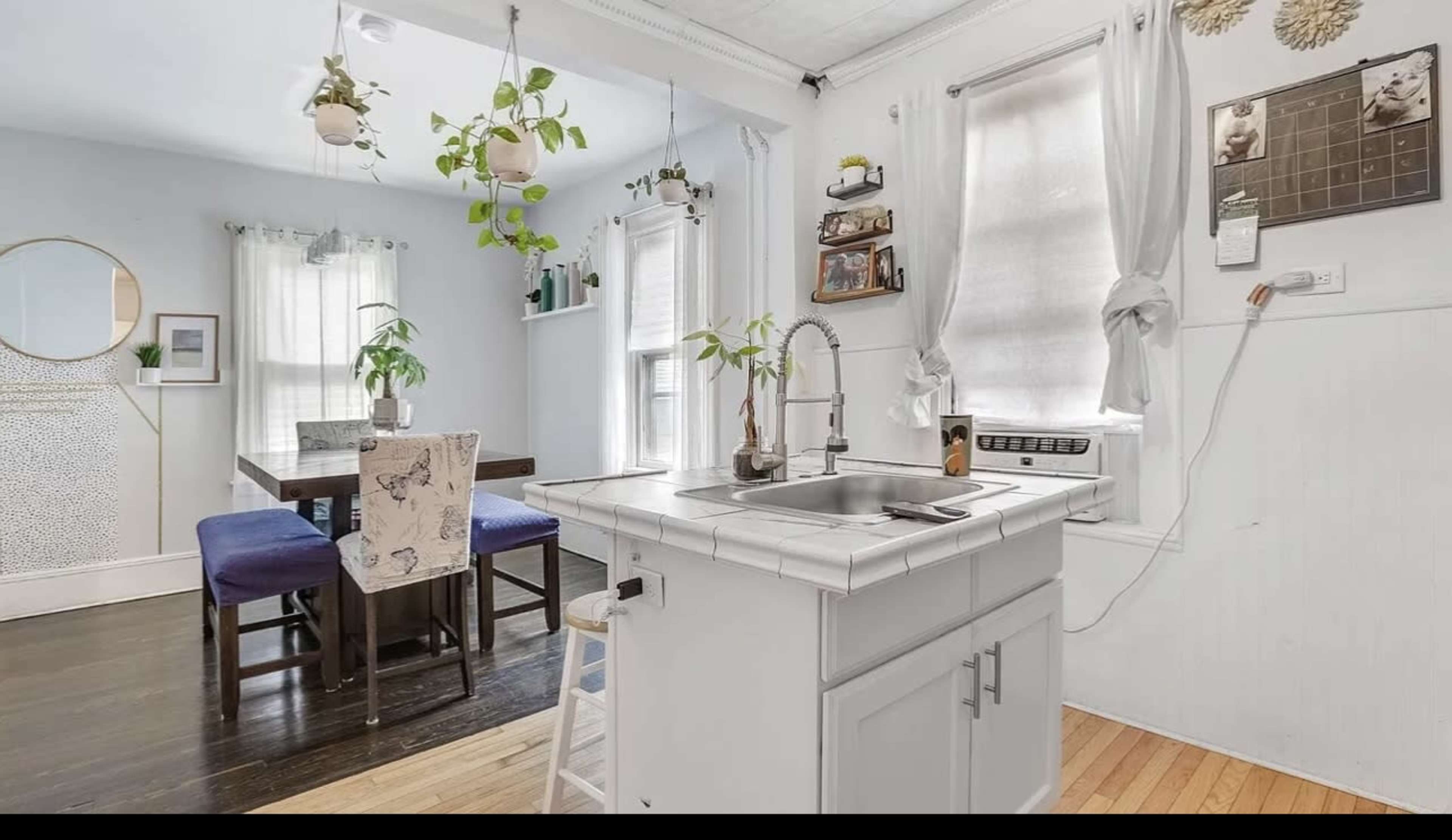 A kitchen area with a small island, dining table, and plants hanging from the ceiling, featuring light-colored walls and wooden flooring.