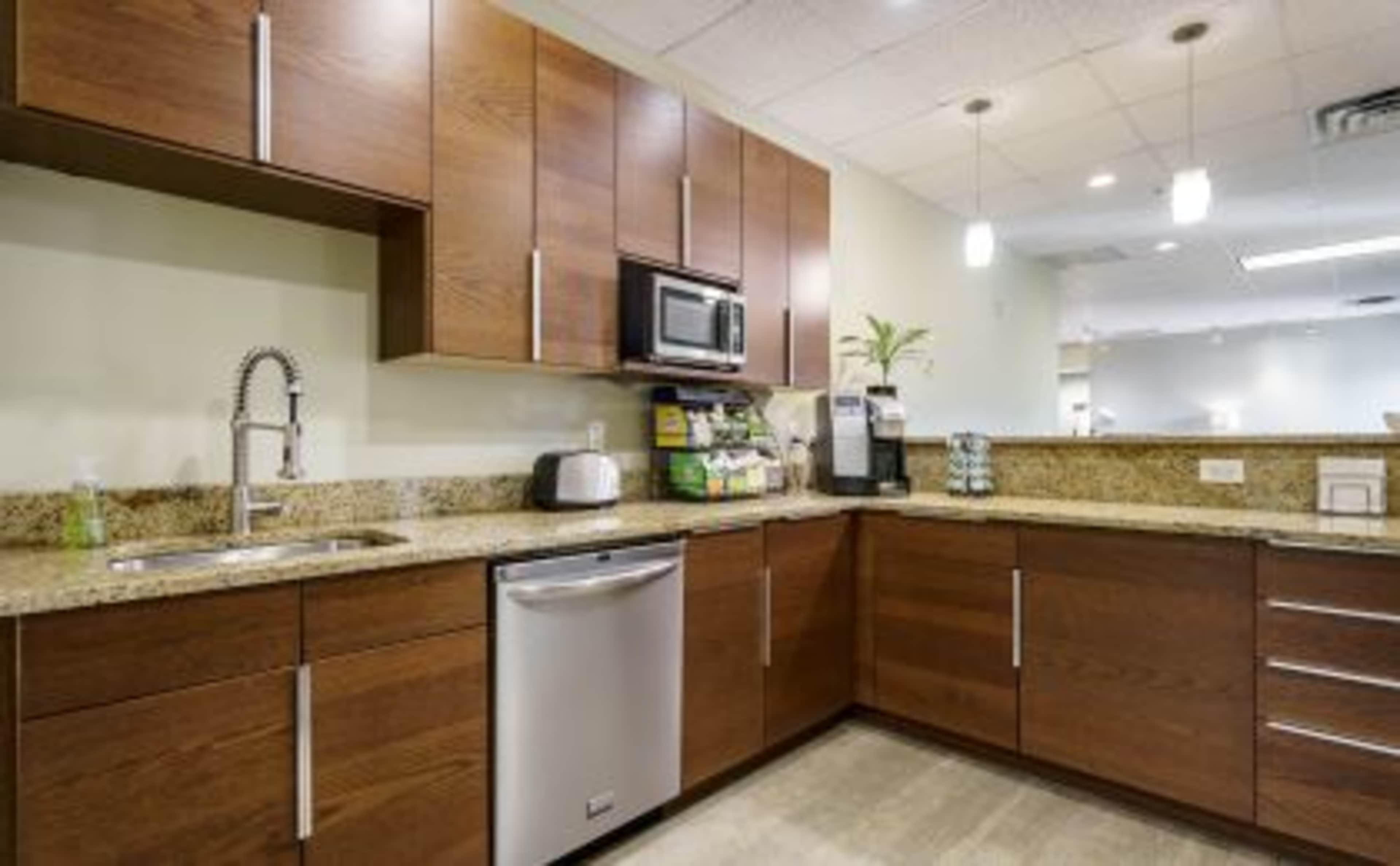 The image shows a modern kitchen with wooden cabinets, a stainless steel microwave, and a granite countertop.