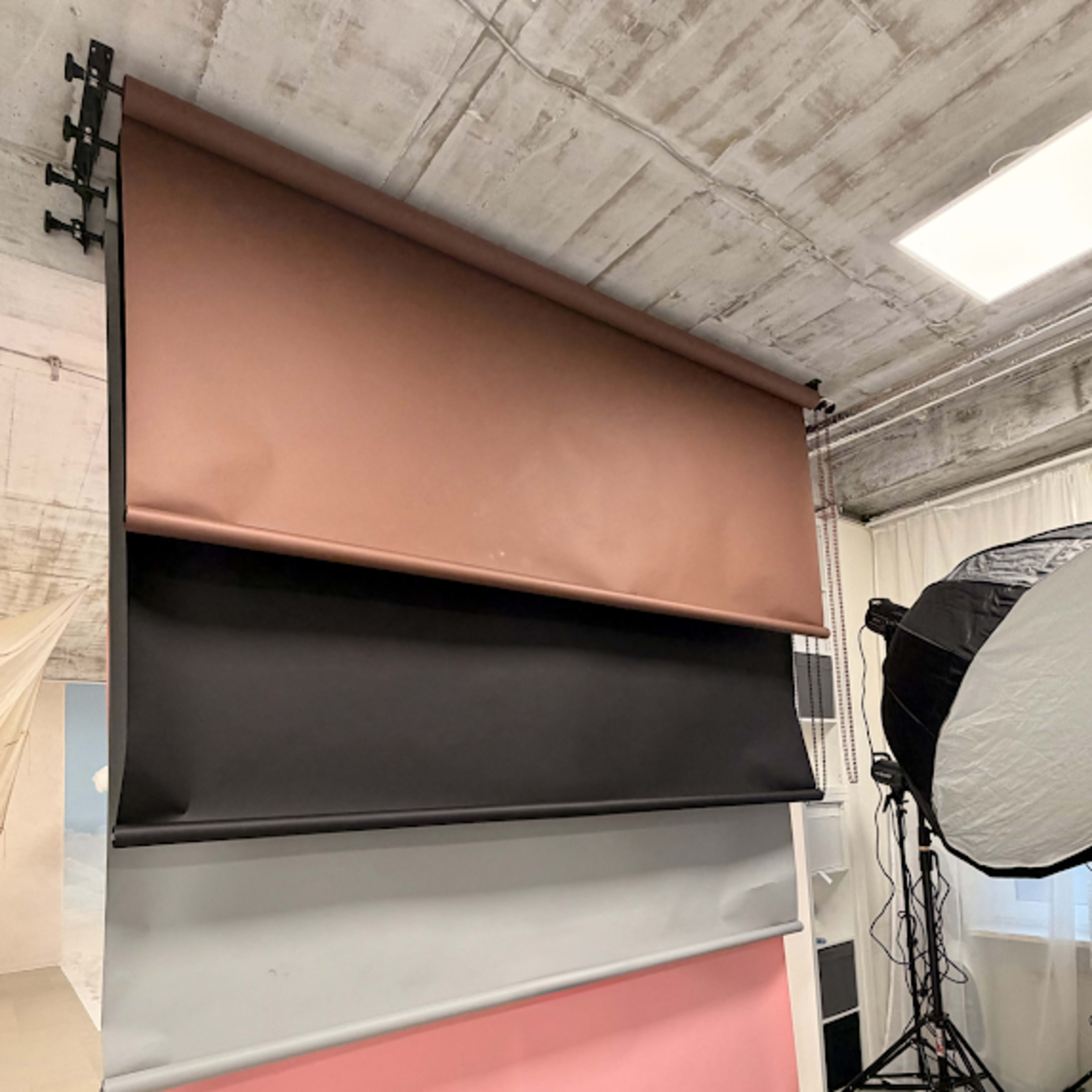 The image shows a studio setup featuring multiple backdrop rolls in various colors mounted on a wall, alongside a softbox light.