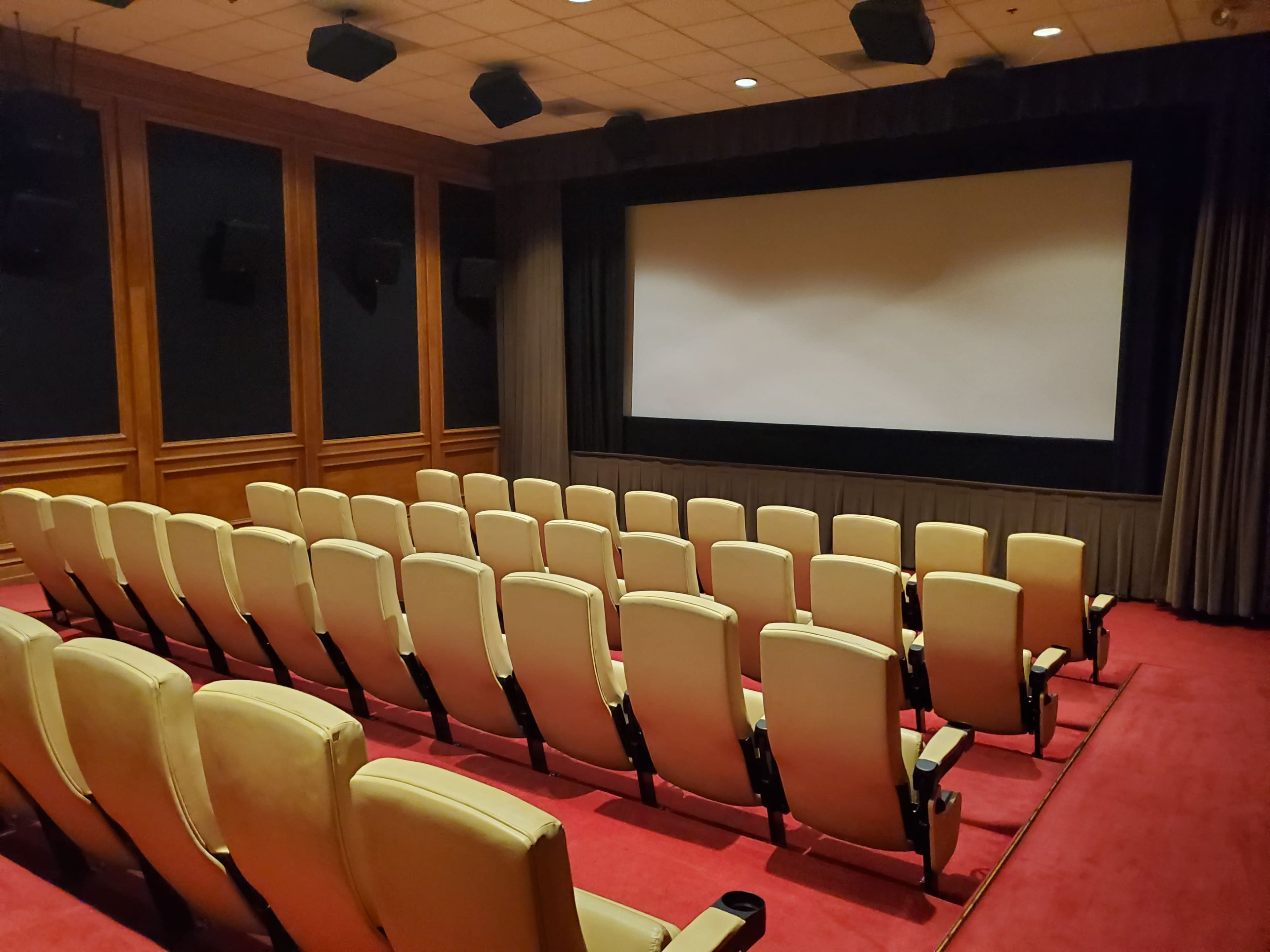 The image shows a small, empty movie theater with rows of beige seats facing a projector screen.
