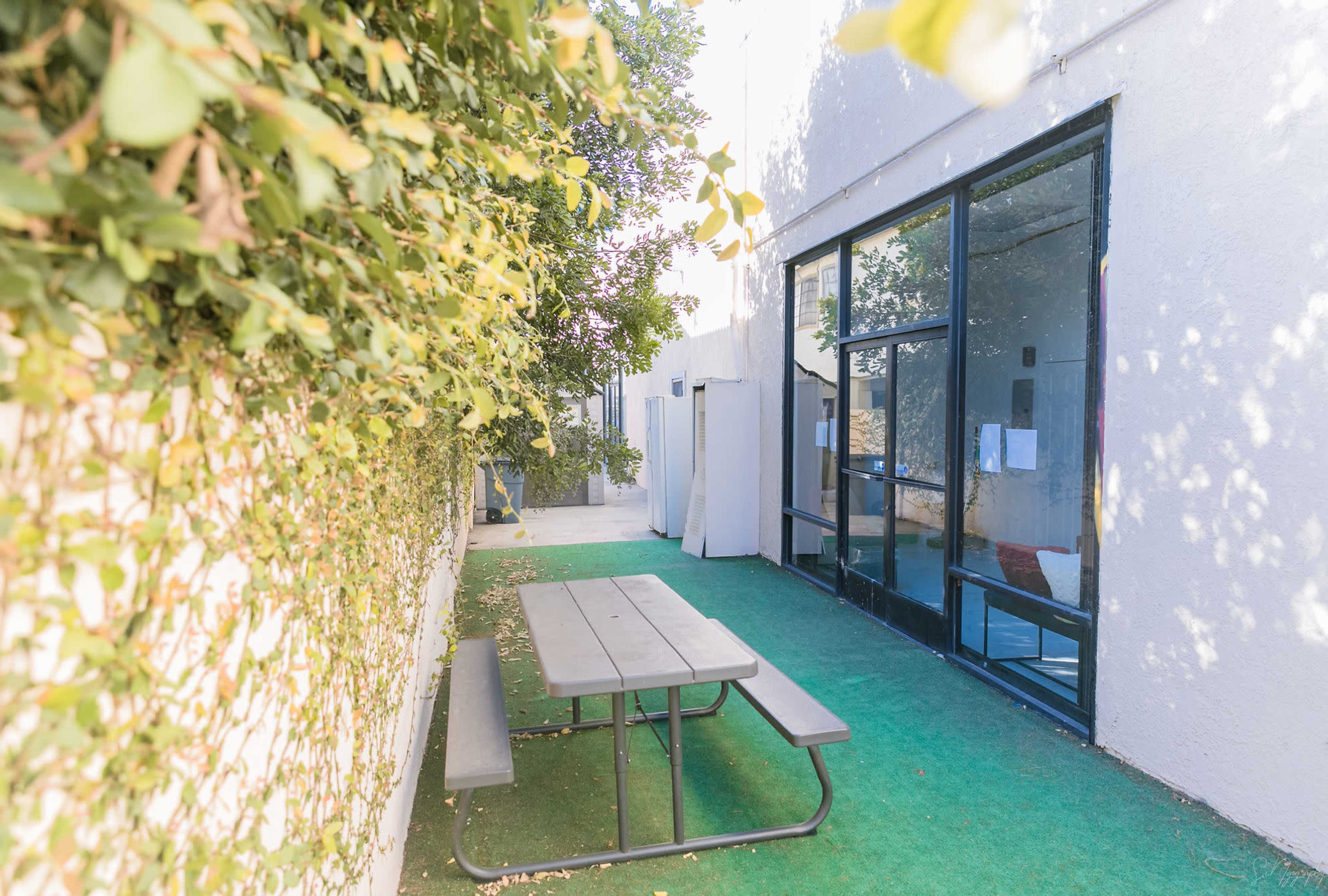The image shows a narrow outdoor area with a picnic table surrounded by green foliage and a building featuring large glass windows.
