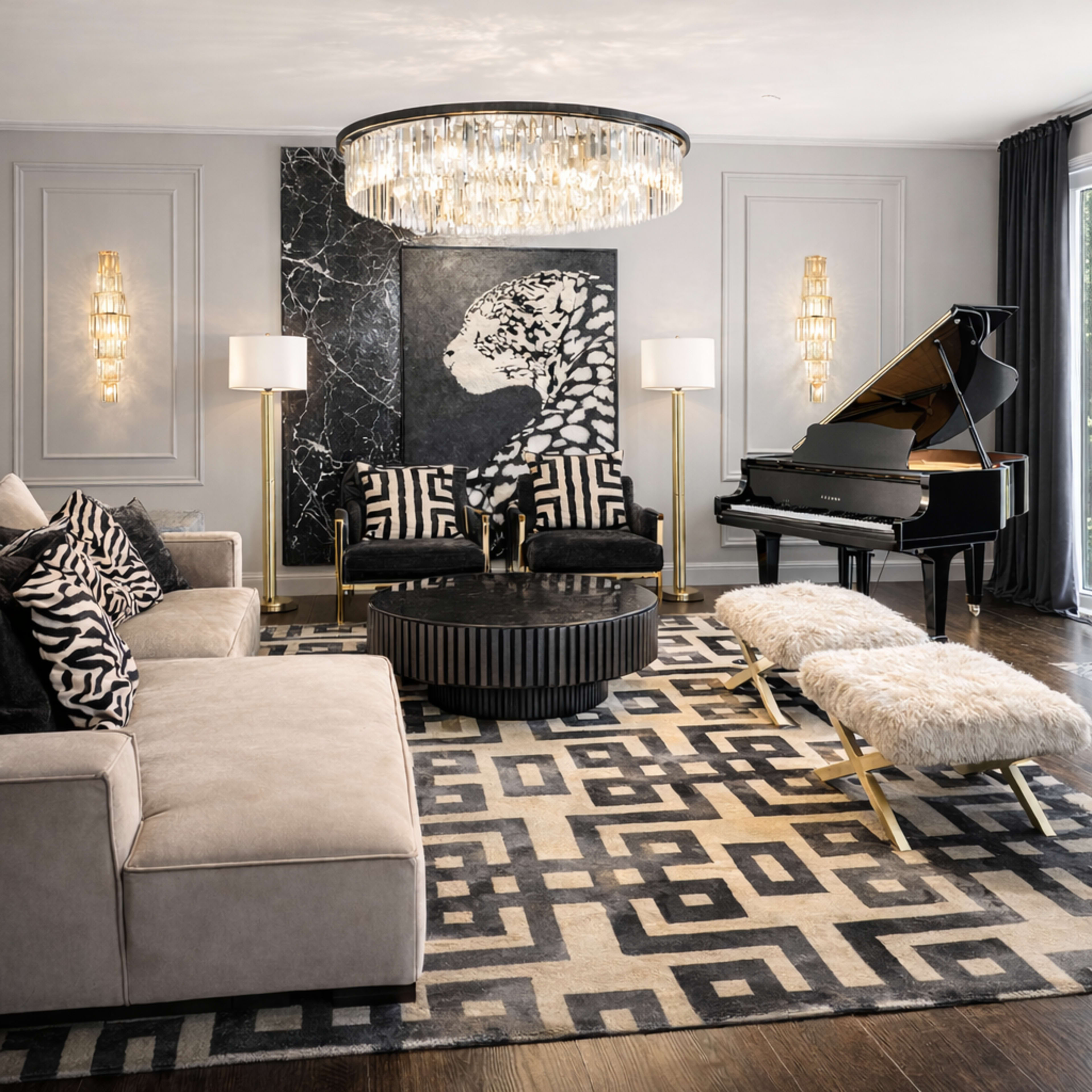 The living room features a grand piano, a large chandelier, patterned seating, and a black and white decor theme, anchored by a geometric area rug.