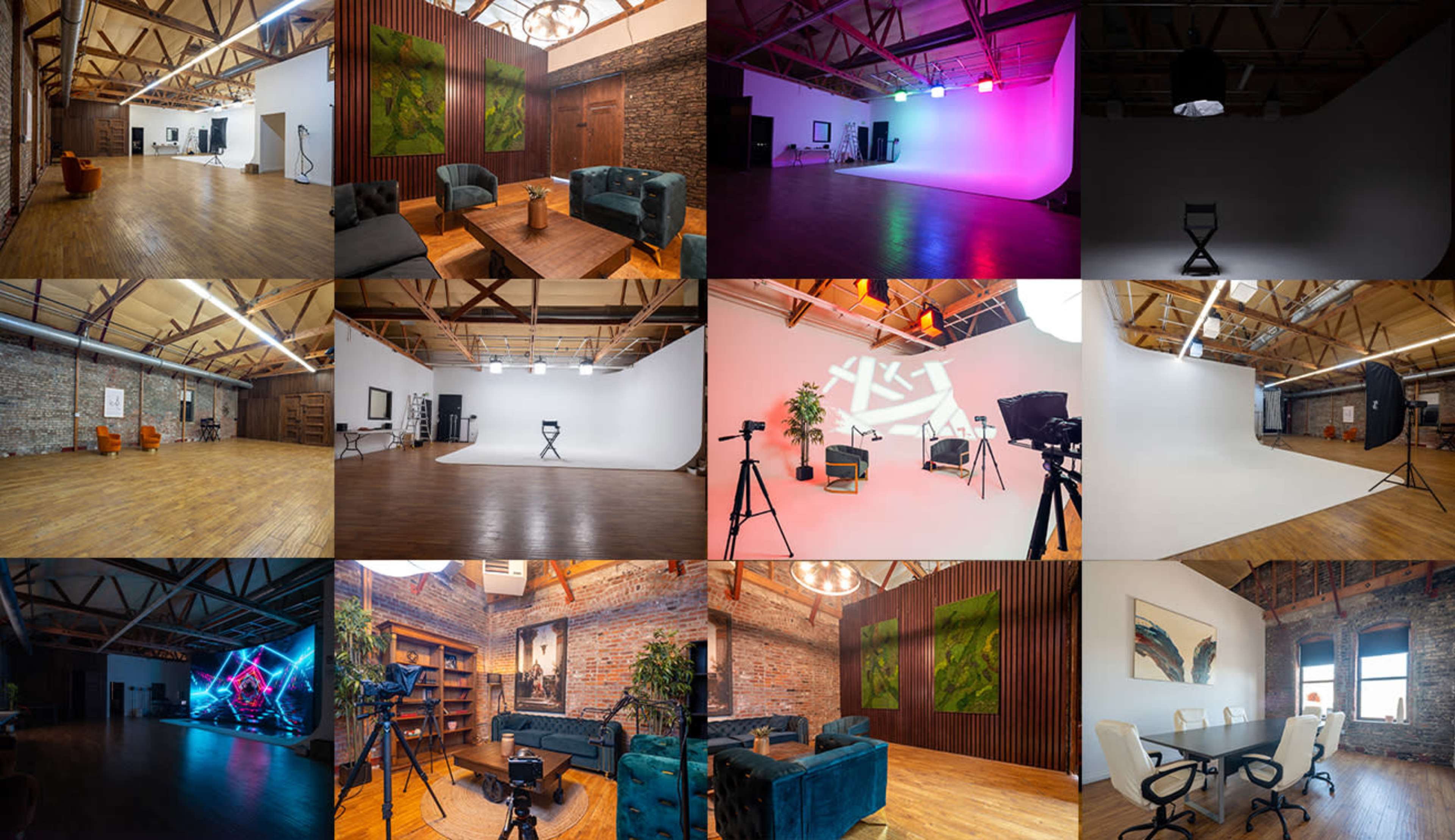 The image features a collage of various studio spaces, showcasing different interiors with wooden flooring, exposed beams, and varying lighting setups, including colorful wall backdrops and equipment for photography or video production.