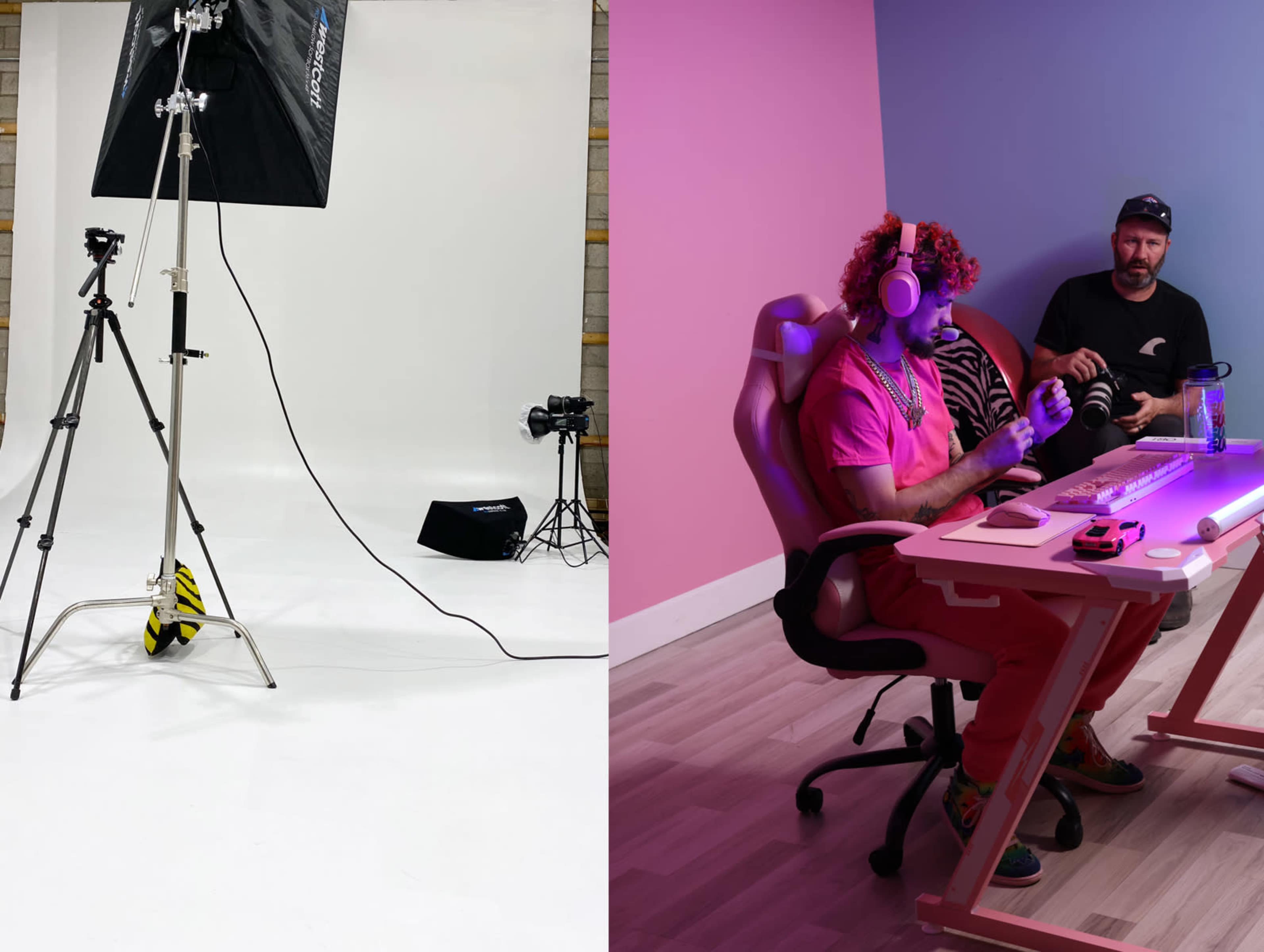 A photography studio setup on the left with a light stand and camera equipment, while the right side features a man with colorful hair sitting at a desk with neon lighting and another person nearby.