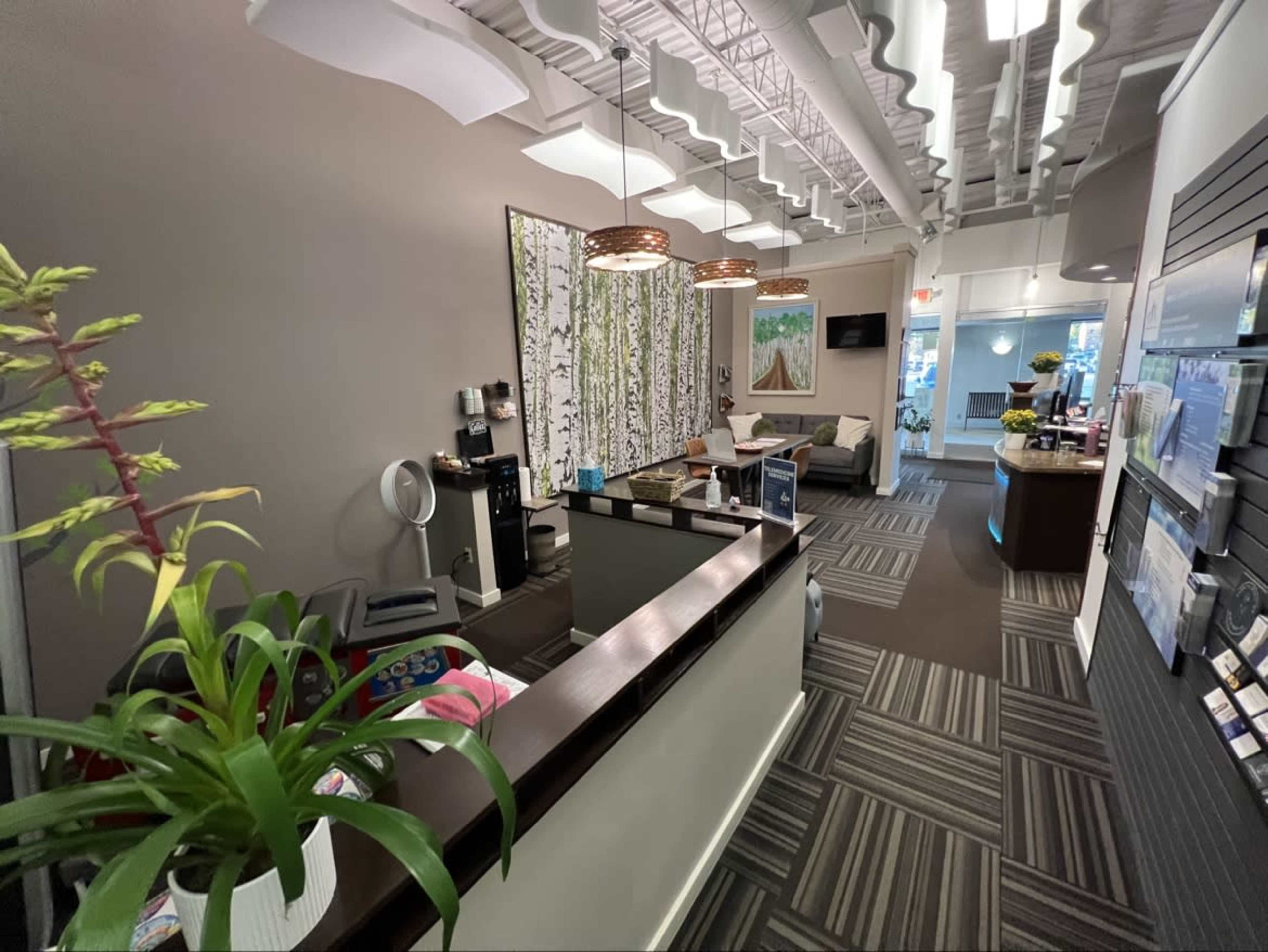 The image shows a modern office reception area featuring a seating area, a reception desk, decorative wall art, and plants.