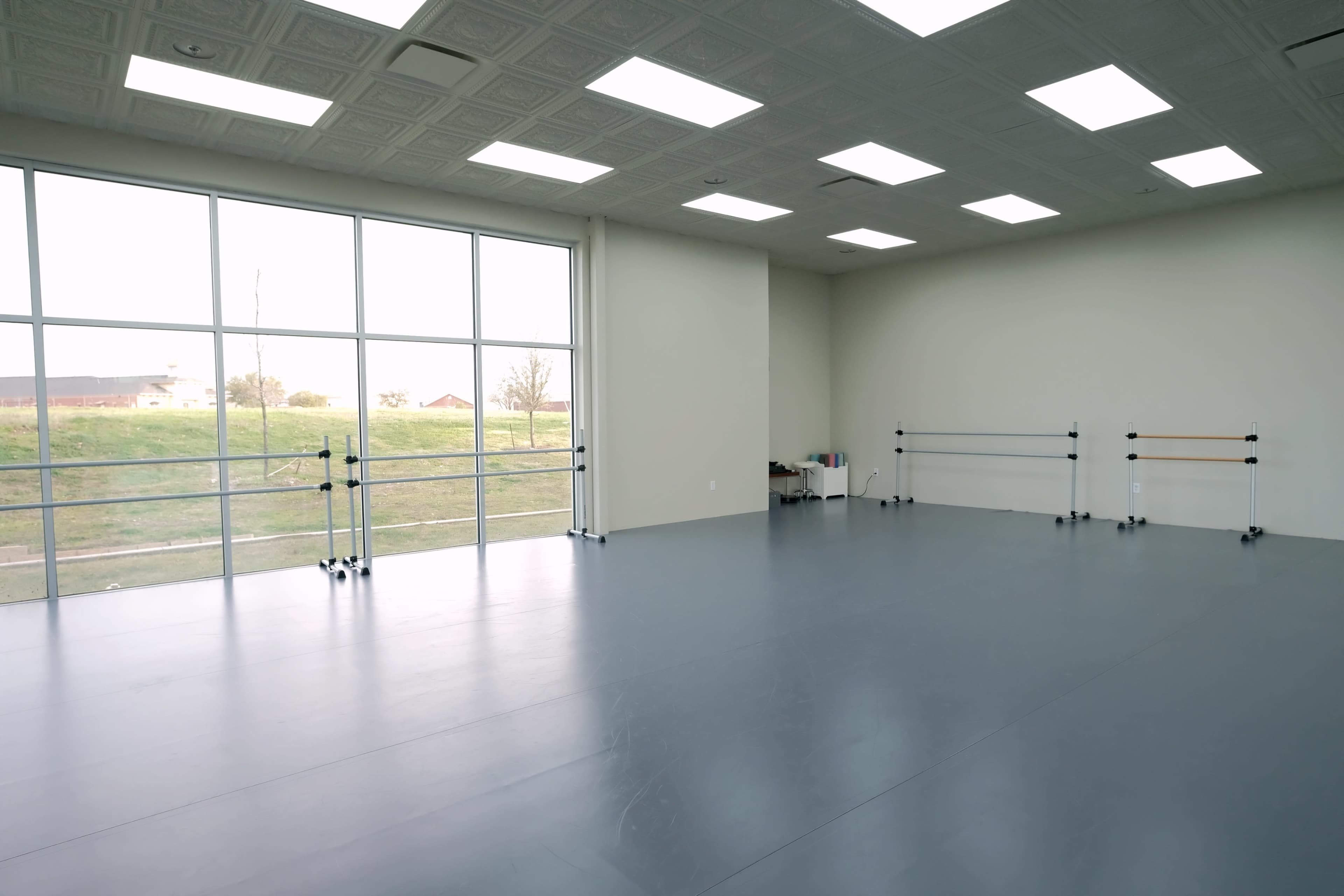 A spacious dance studio features large windows overlooking a grassy area and installed ballet barres along one wall.