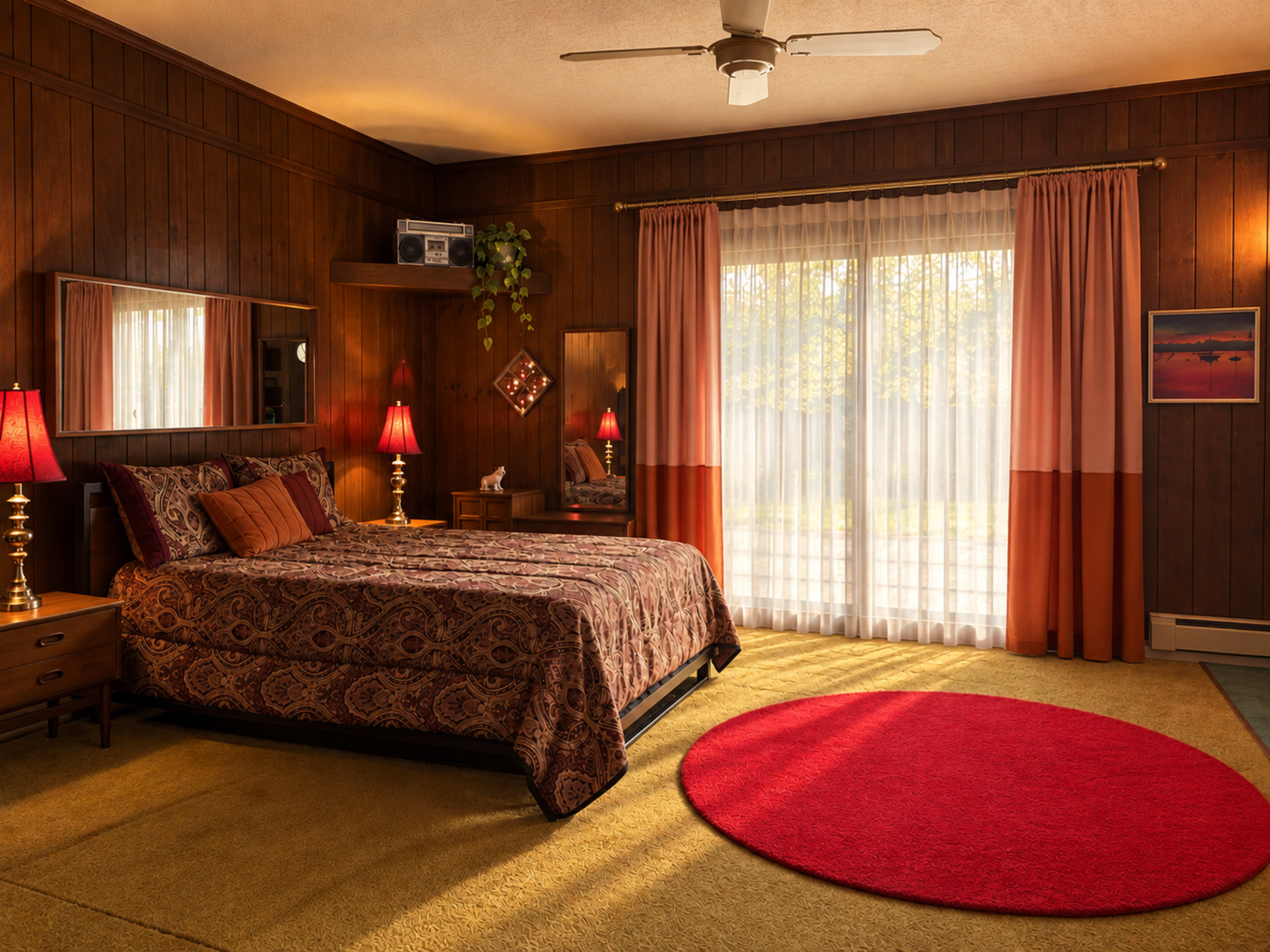 A bedroom features dark wood paneling, a bed with a patterned comforter, red lamps, and large windows covered by sheer curtains.