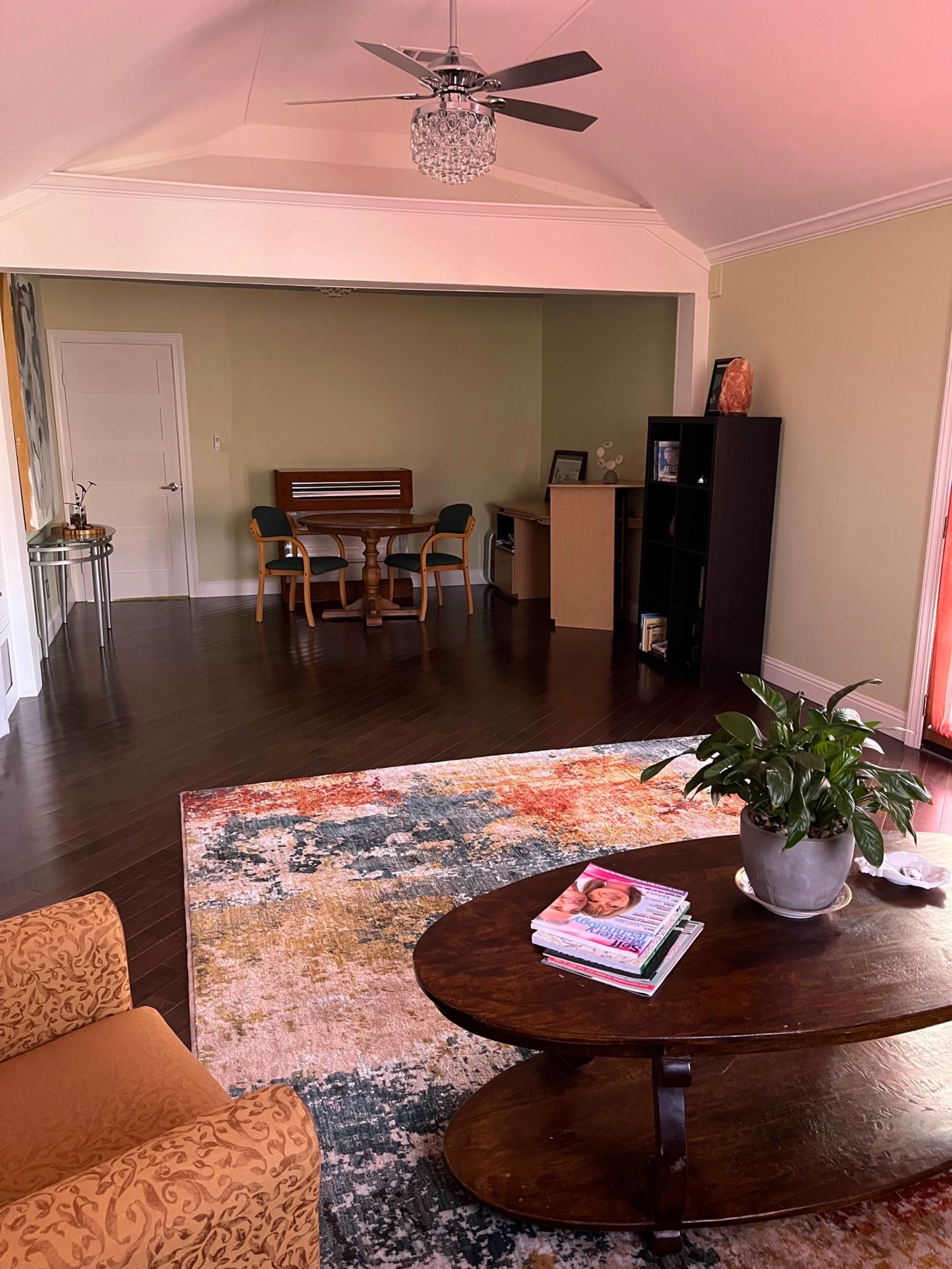 A spacious room with a wooden table and chairs, a black bookshelf, and a coffee table with a plant and magazines, all arranged around a colorful area rug.