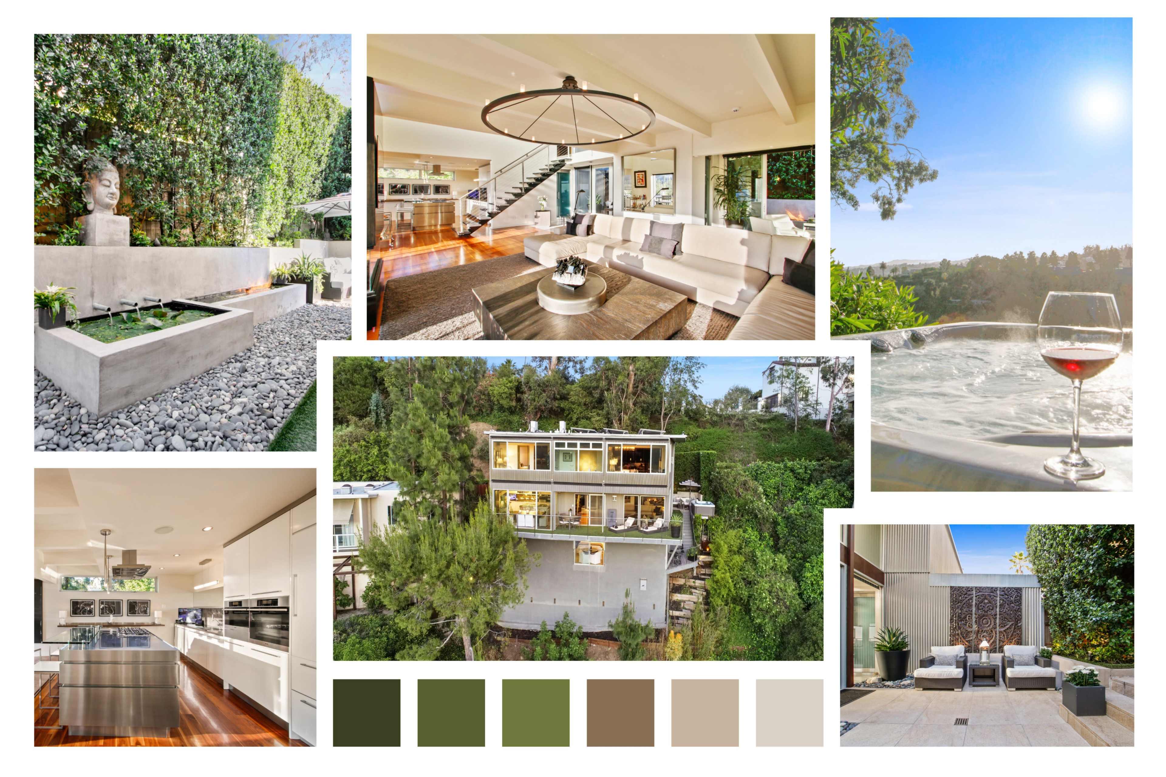 The image showcases a modern home with a range of interior and exterior scenes, including a landscaped garden, an open living area, and a patio featuring a hot tub.