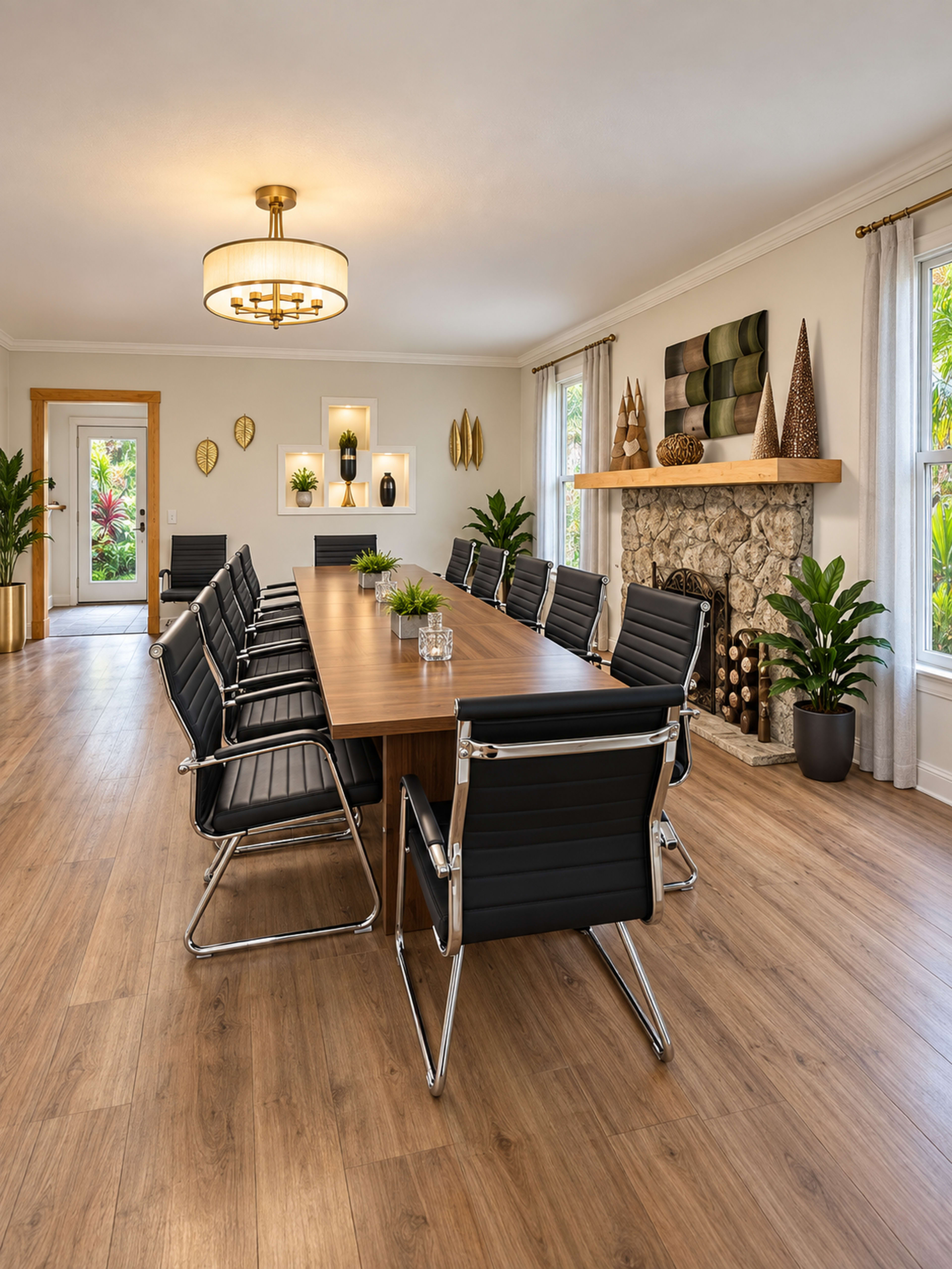 The image shows a spacious conference room with a long wooden table surrounded by black chairs, featuring a stone fireplace and decorative plants.