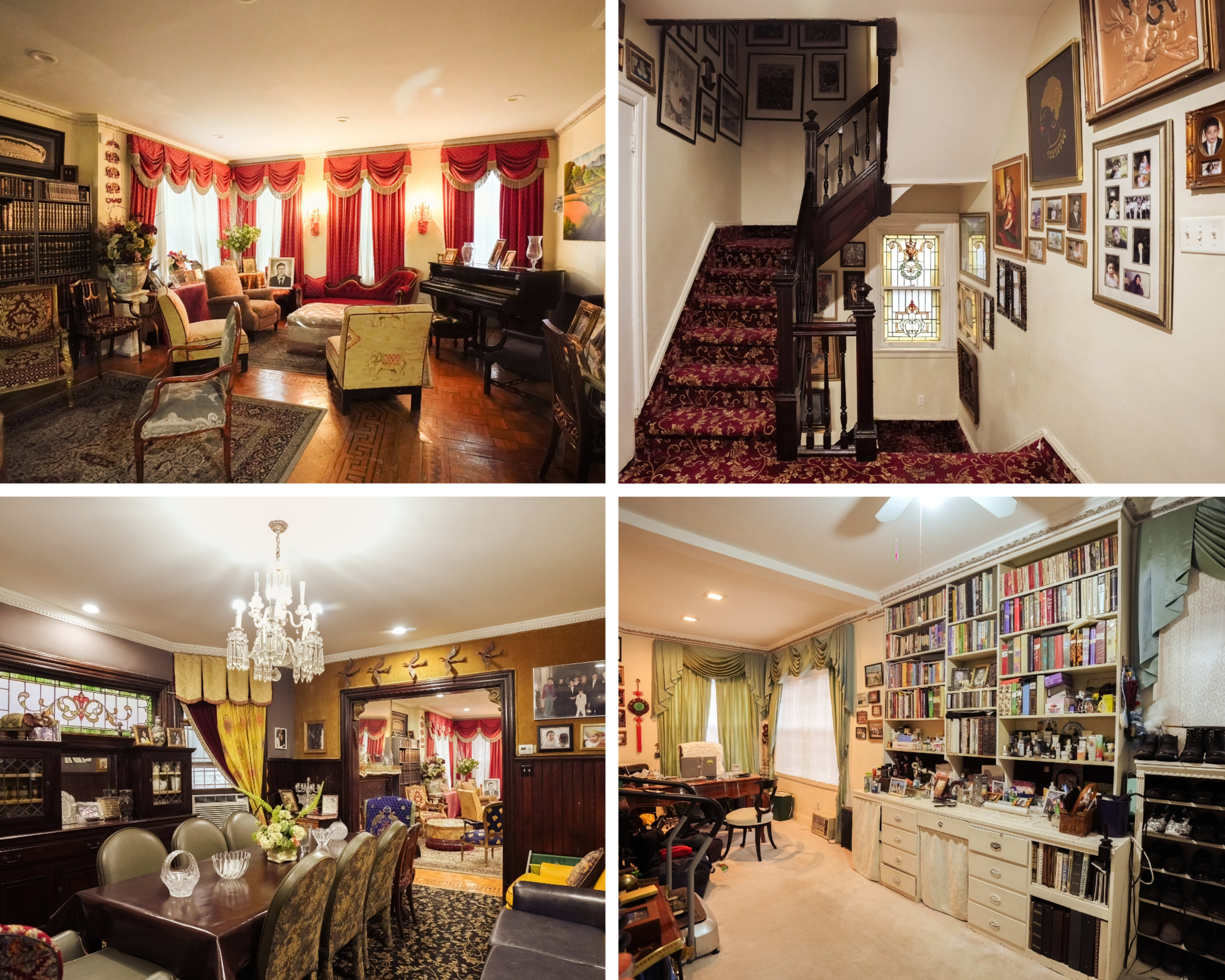 The image displays a series of interior rooms featuring ornate decorations, including a living room with plush seating, a stairway adorned with family photographs, a dining area with a chandelier, and a study filled with bookshelves.