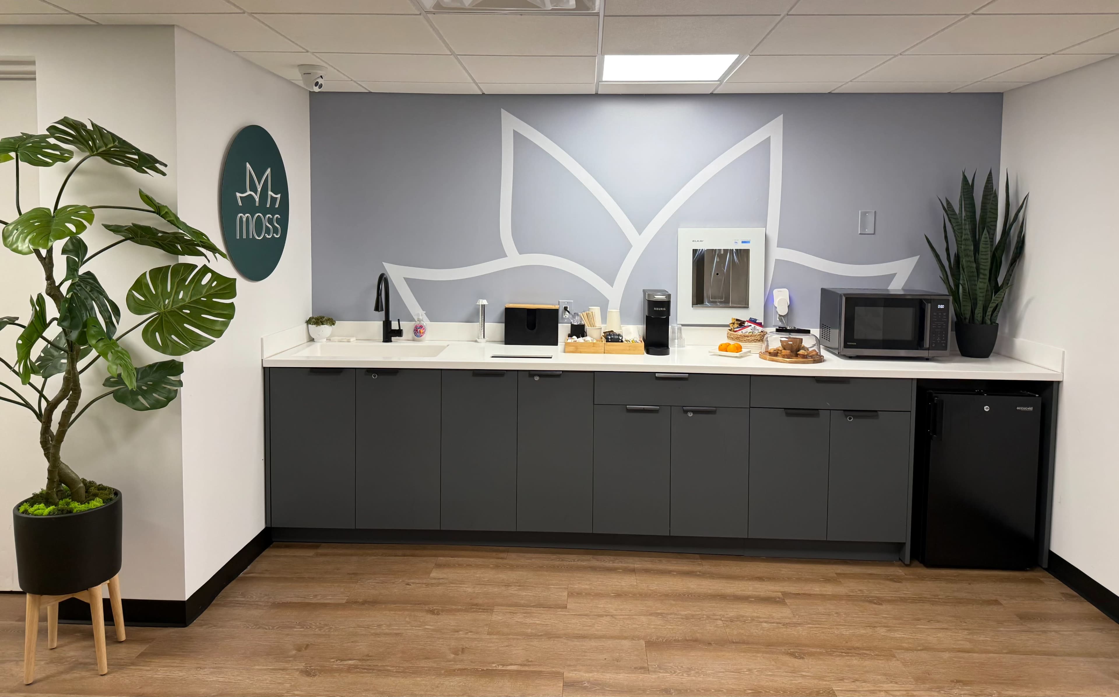 The image shows a modern kitchen area with a coffee maker, microwave, sink, and snacks on a counter, accompanied by a decorative plant and a wall featuring a large leaf design.