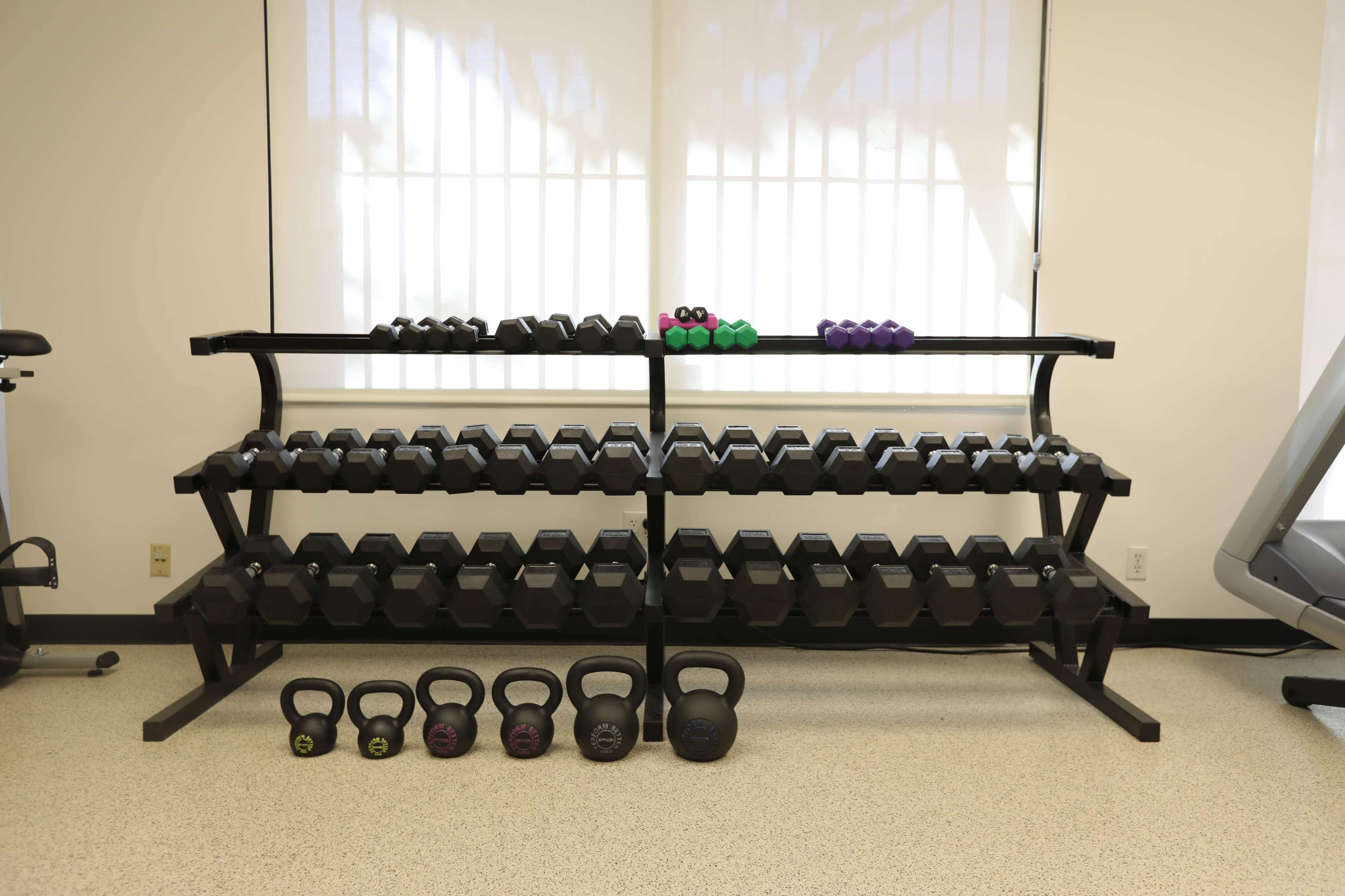 A weight rack with various dumbbells and kettlebells organized neatly in a gym setting.