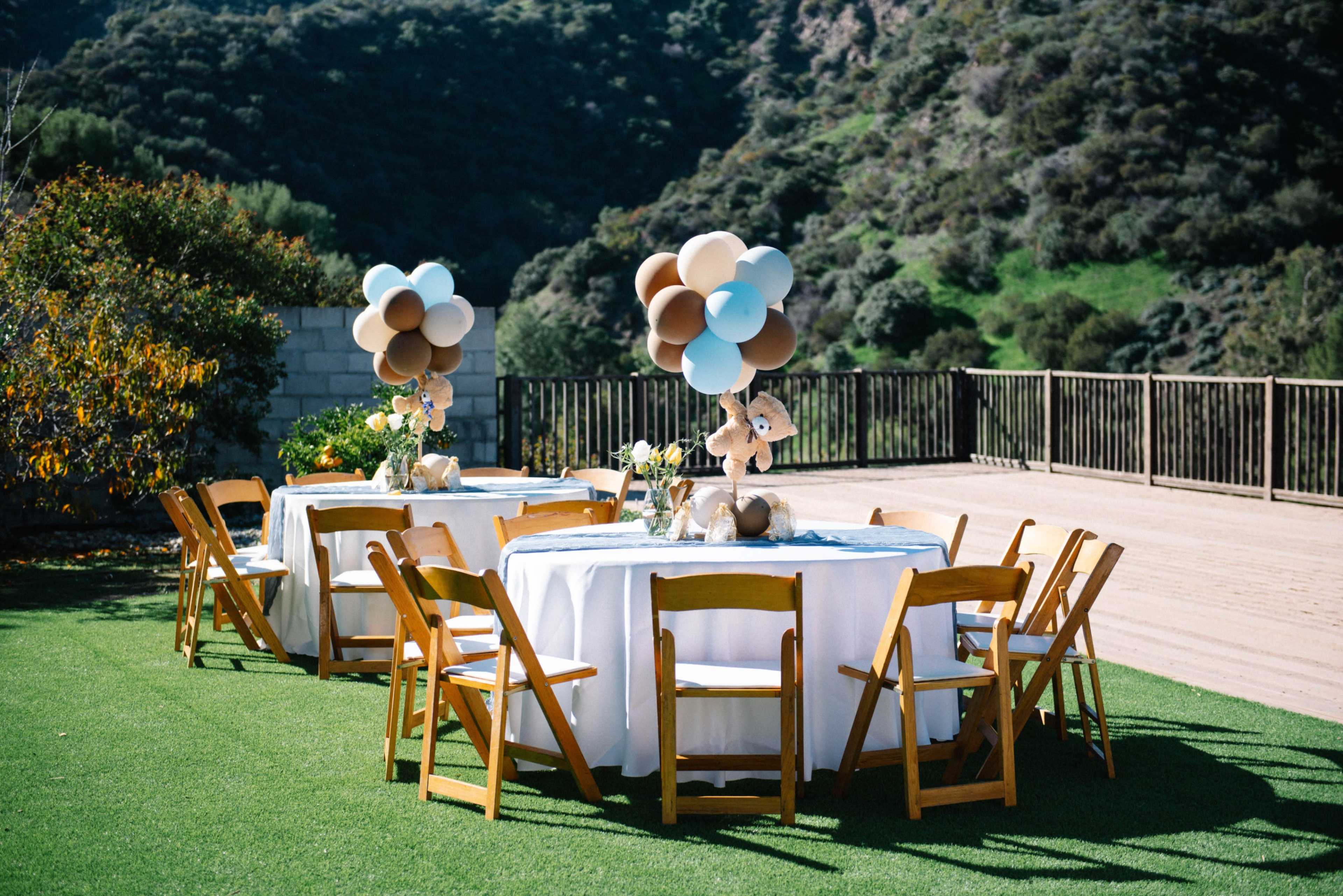 A set of round tables with white tablecloths, wooden chairs, and decorative balloons stands on a green lawn, overlooking a mountainous landscape.