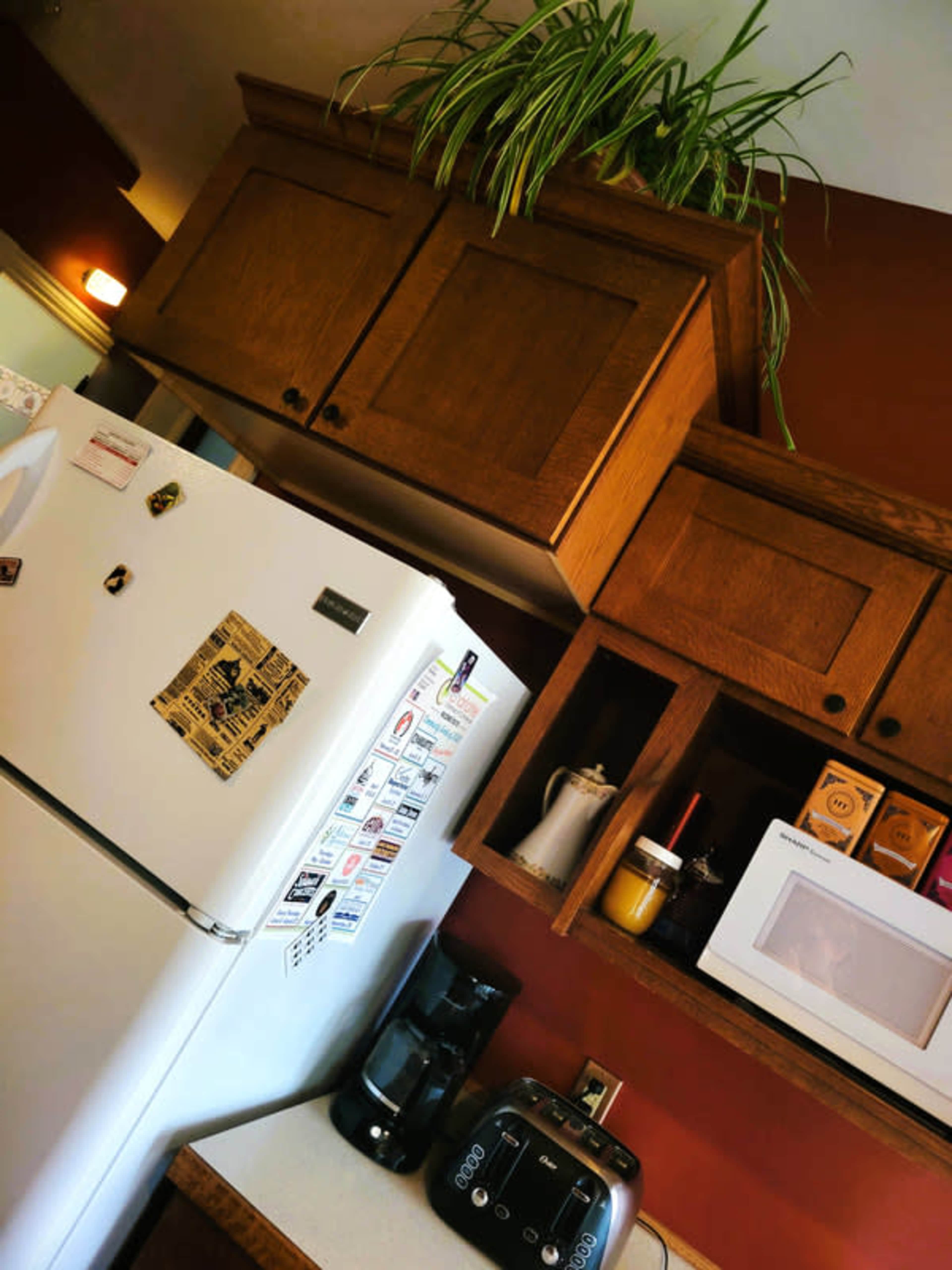 The image shows a kitchen area with wooden cabinets, a white refrigerator, a coffee maker, a toaster, and a microwave on the counter.