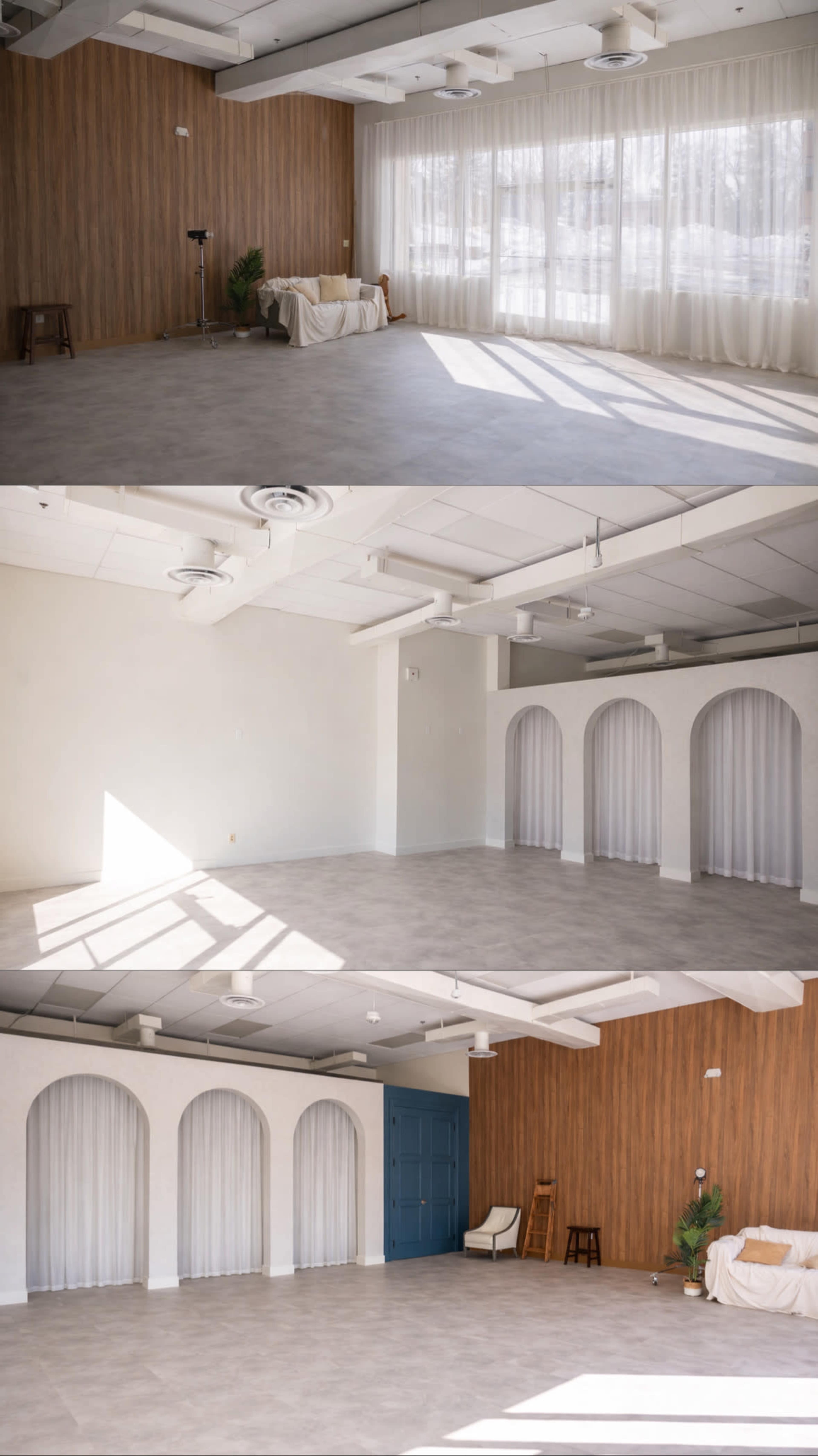 The image features three views of a spacious, well-lit room with large windows, a light-colored floor, and simple interior design elements.