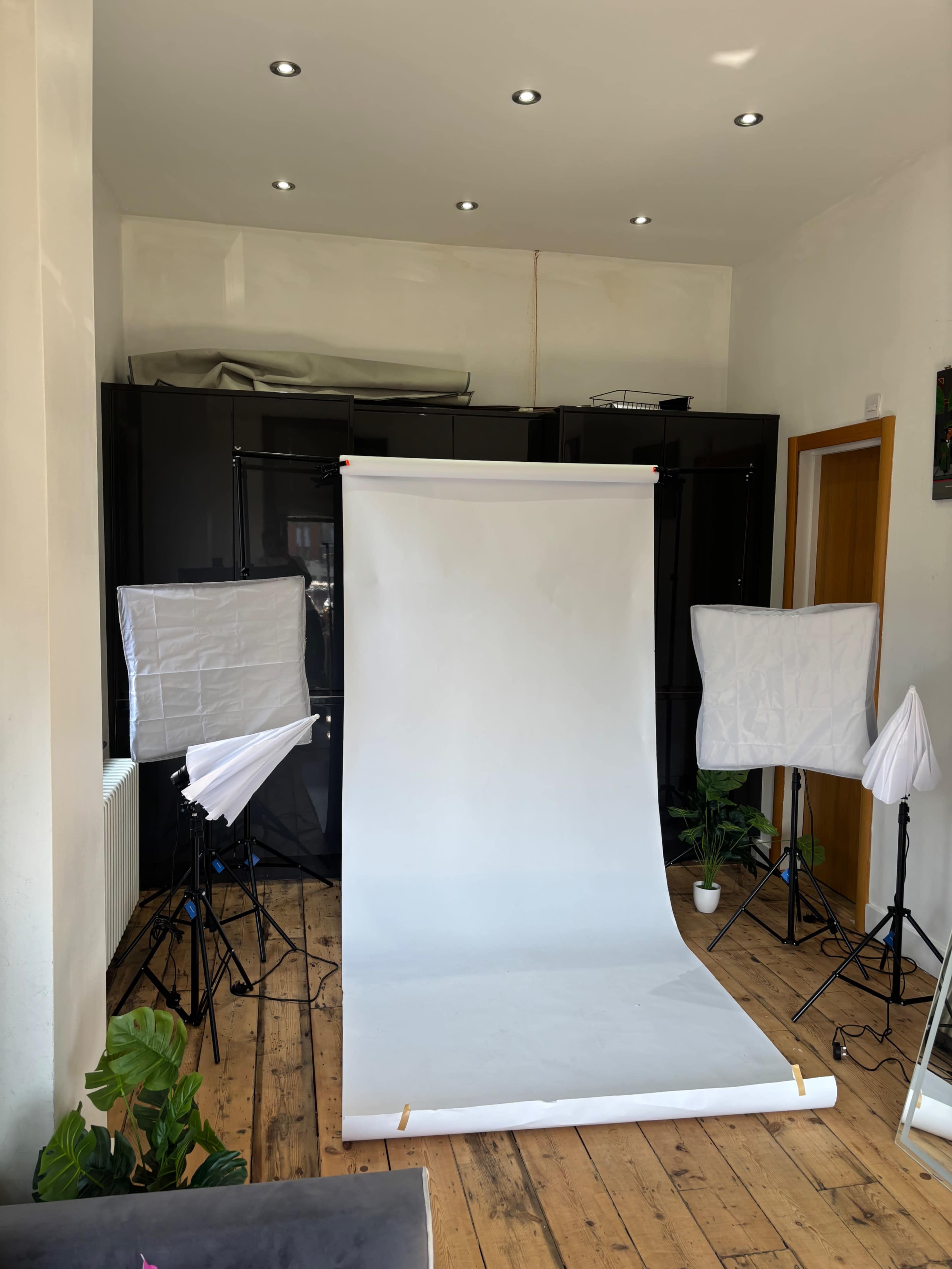 The image shows a photography studio setup with a white backdrop, softbox lights on either side, and plants in the corners.