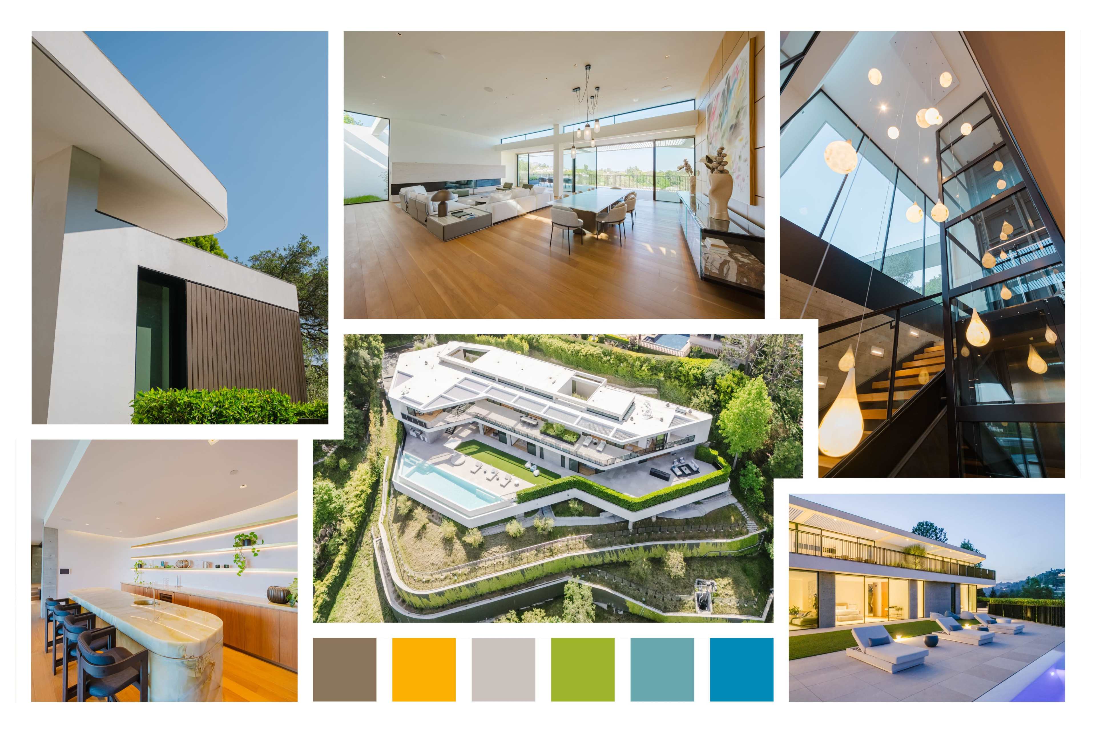 The image features a modern house, showcasing various interior and exterior views, including a spacious living room, a sleek kitchen, and a pool area surrounded by landscaping.