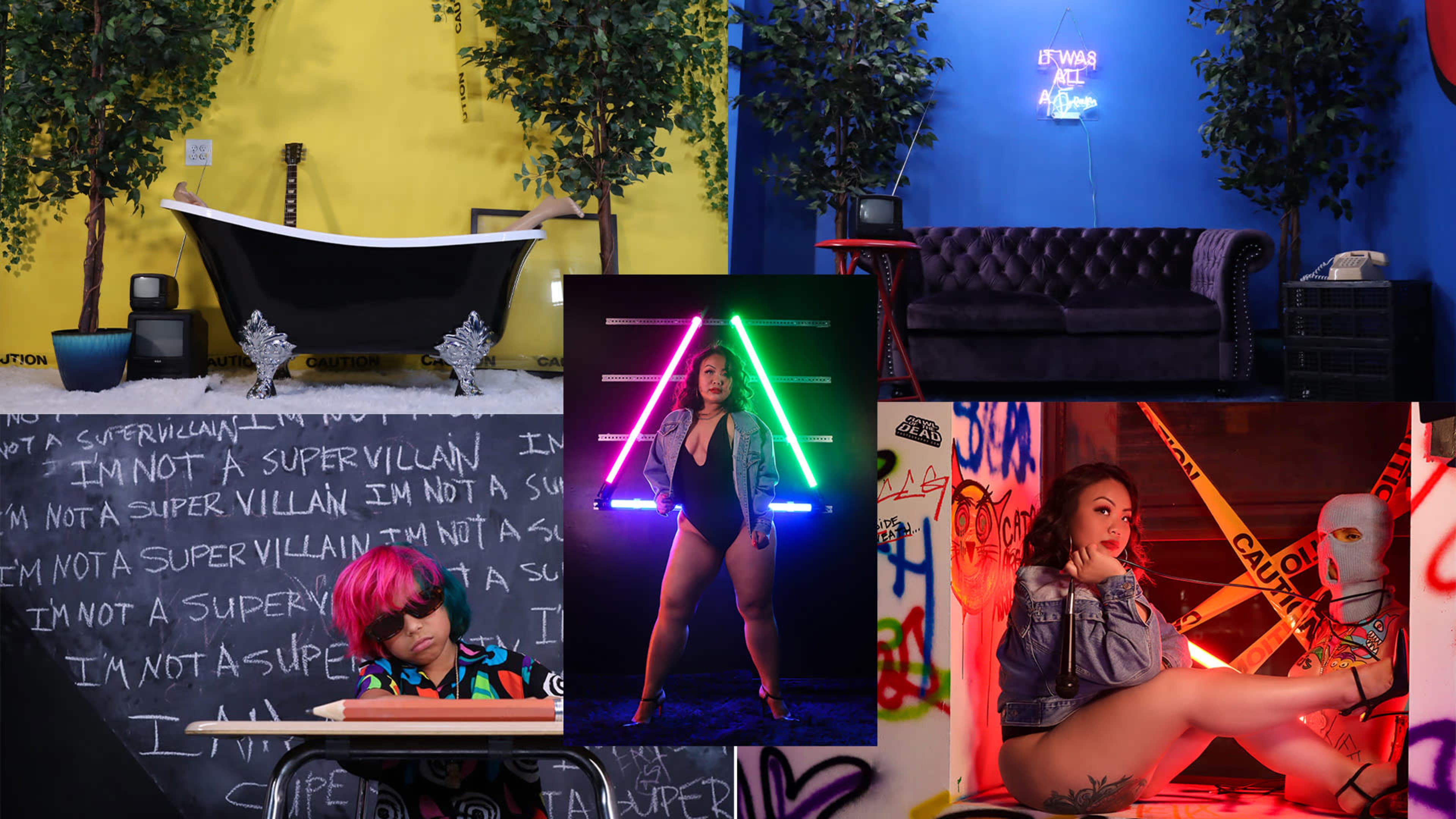 A vibrant multi-room setting with contrasting colorful walls, a vintage couch, and neon lights, alongside a model posing with neon geometric shapes.