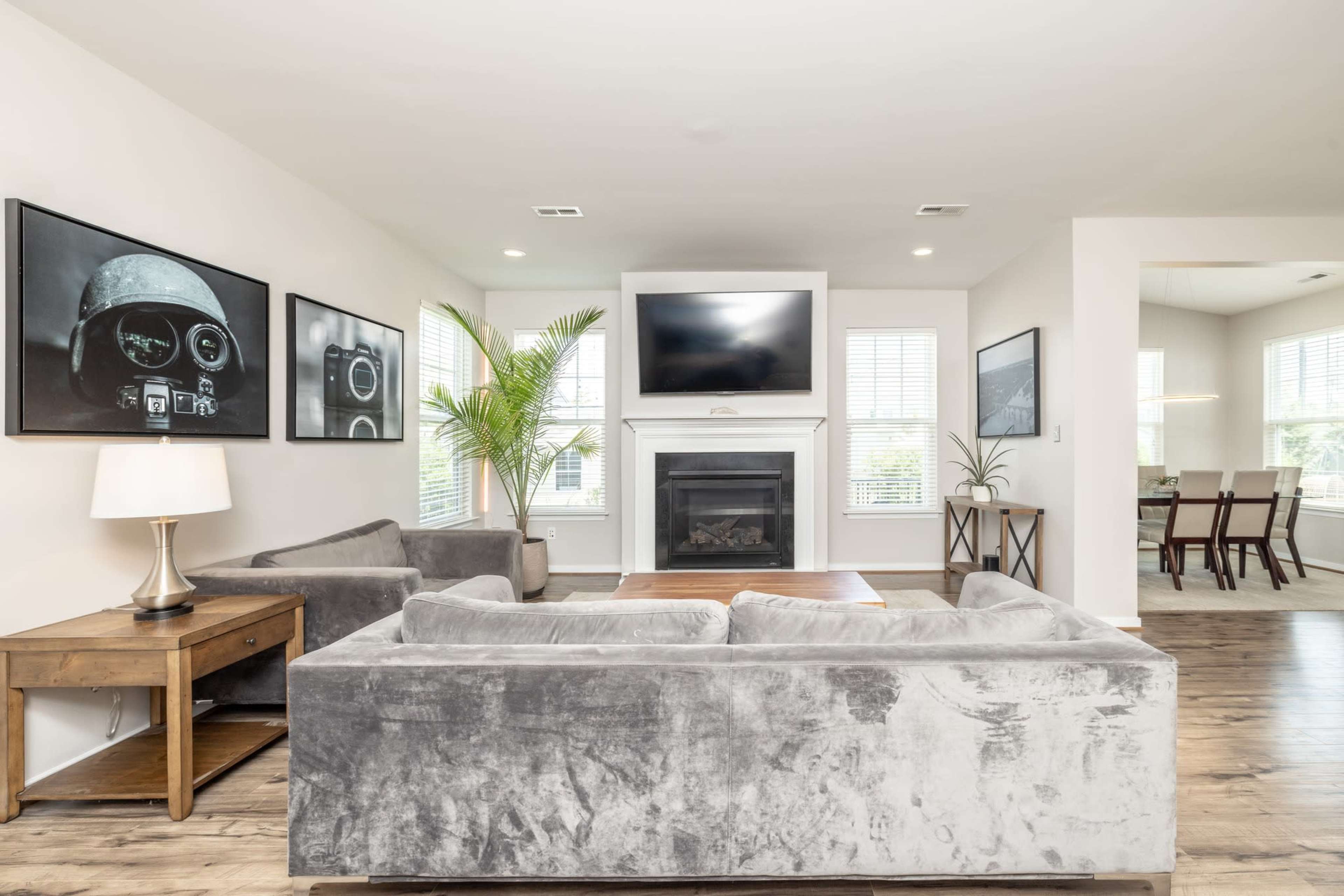 A modern living room featuring a fireplace, a large TV mounted above it, two grey sofas, and framed photographs on the wall.