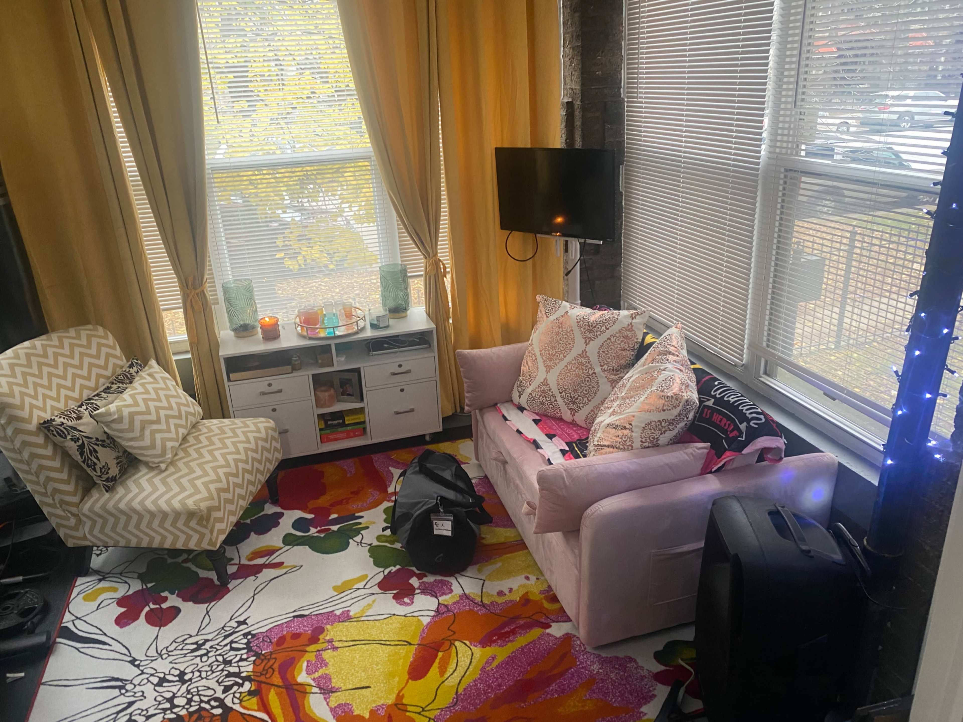 The image shows a cozy living room with a floral rug, a pink sofa adorned with patterned pillows, a small white cabinet, and large windows covered with sheer curtains.