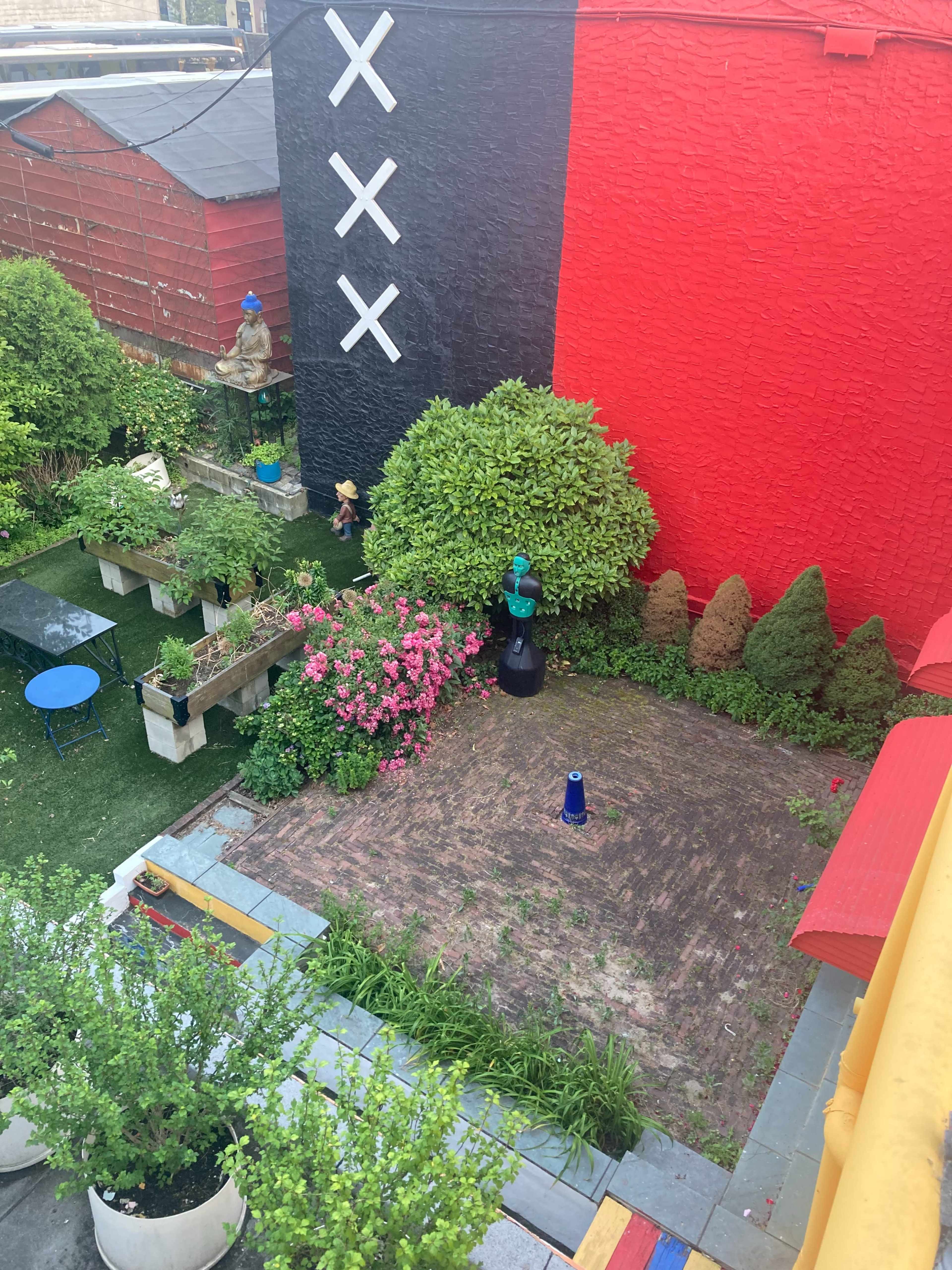 A view of a garden featuring greenery, flower beds, and a large red and black wall with white symbols.