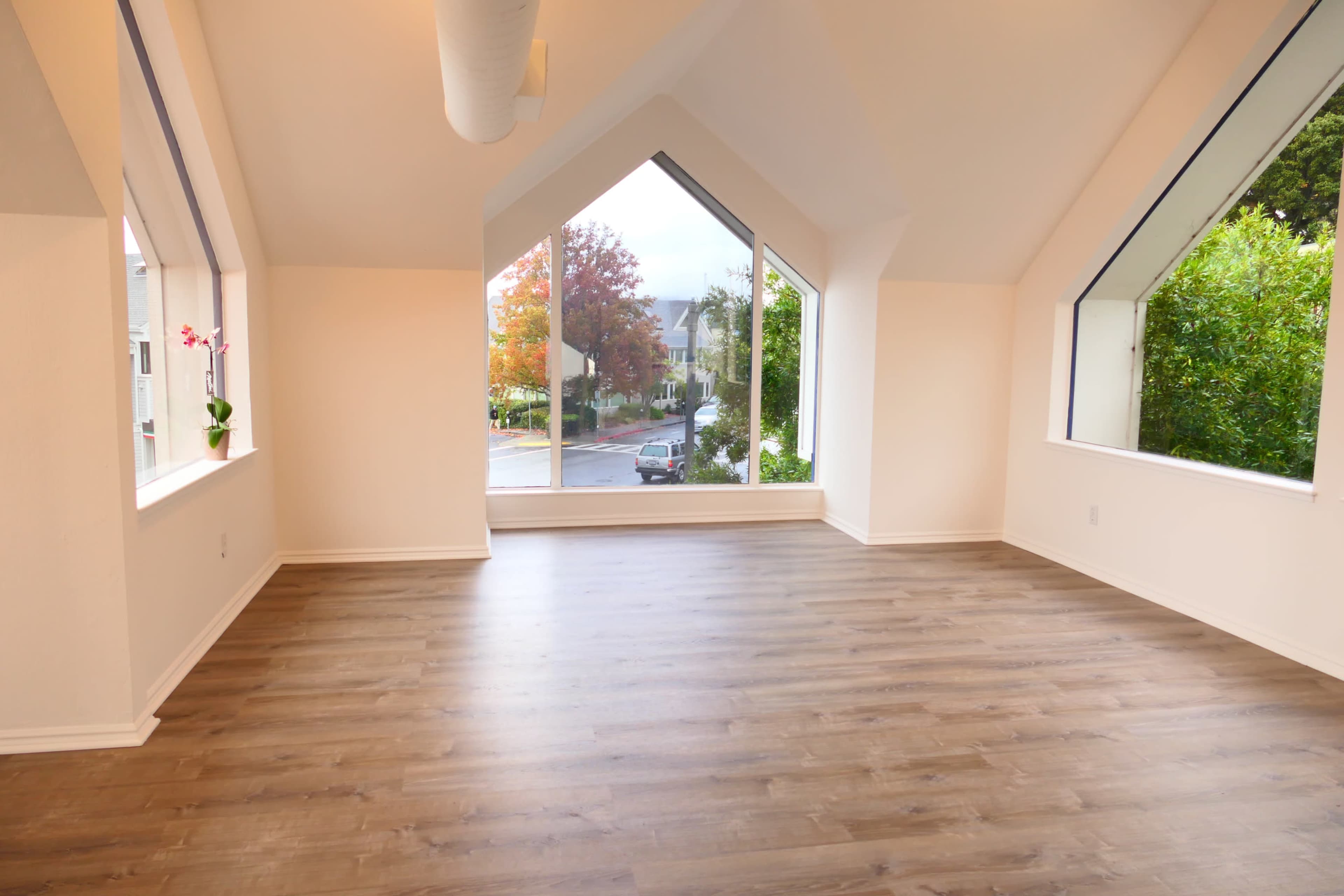An empty room with large, triangular windows that provide a view of a tree-lined street outside.