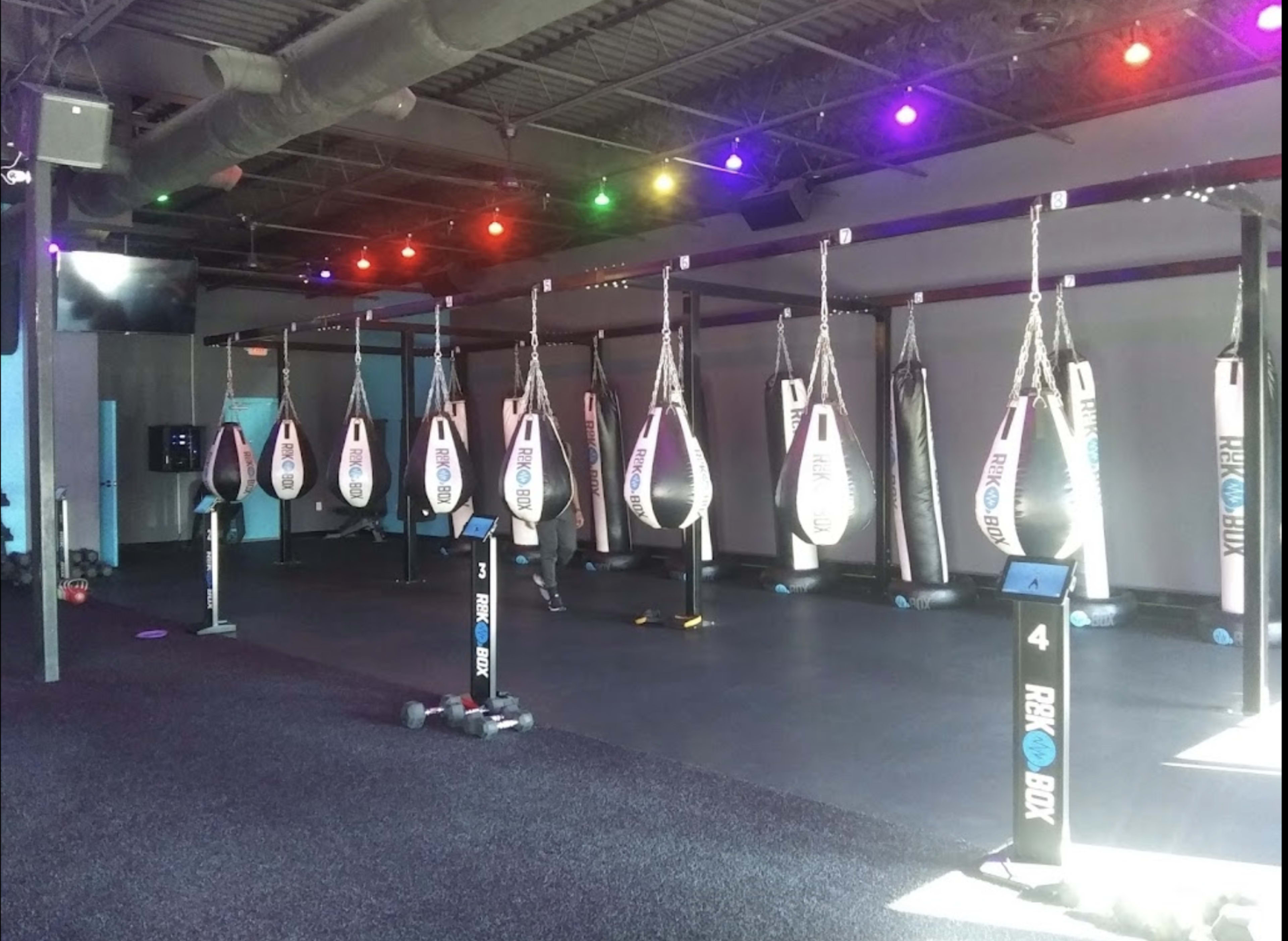 An empty boxing gym with multiple hanging punching bags and colorful lights along the ceiling.