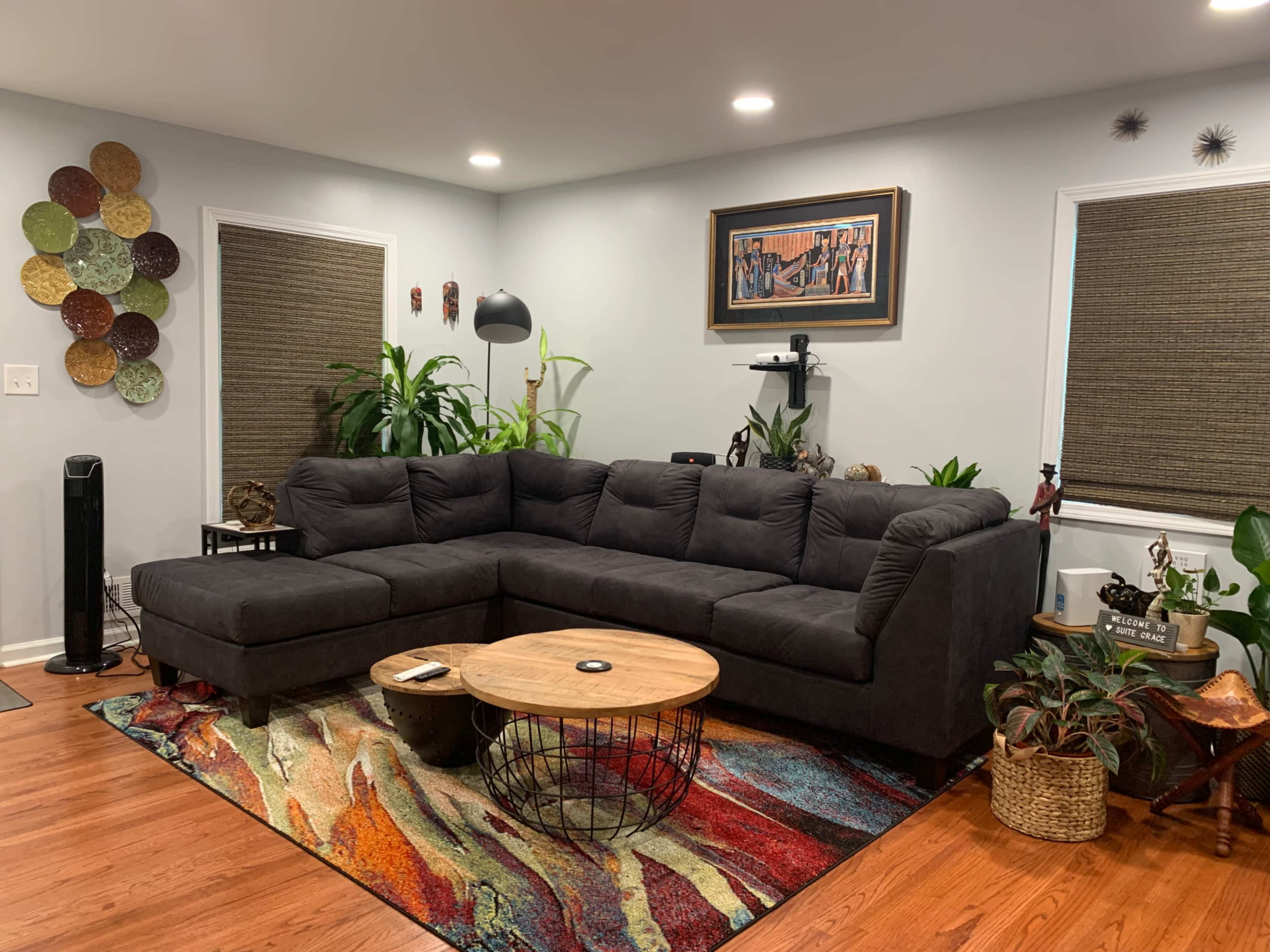 The image shows a modern living room featuring a dark sectional sofa, a round wooden coffee table, colorful area rug, and various indoor plants.