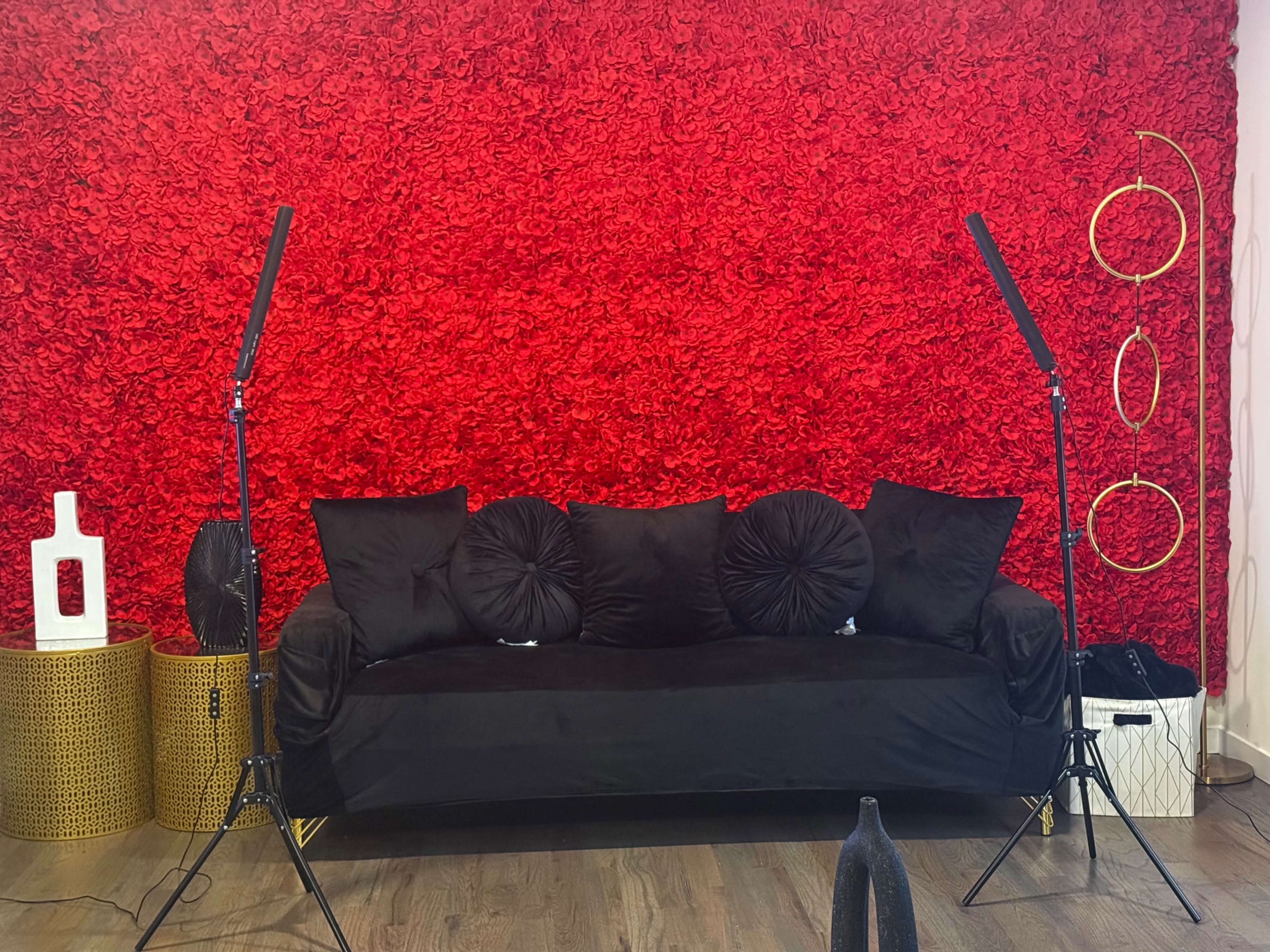 The image features a black sofa with round cushions in front of a vibrant red floral wall, accompanied by two vertical lights and a decorative gold and white object on a nearby table.