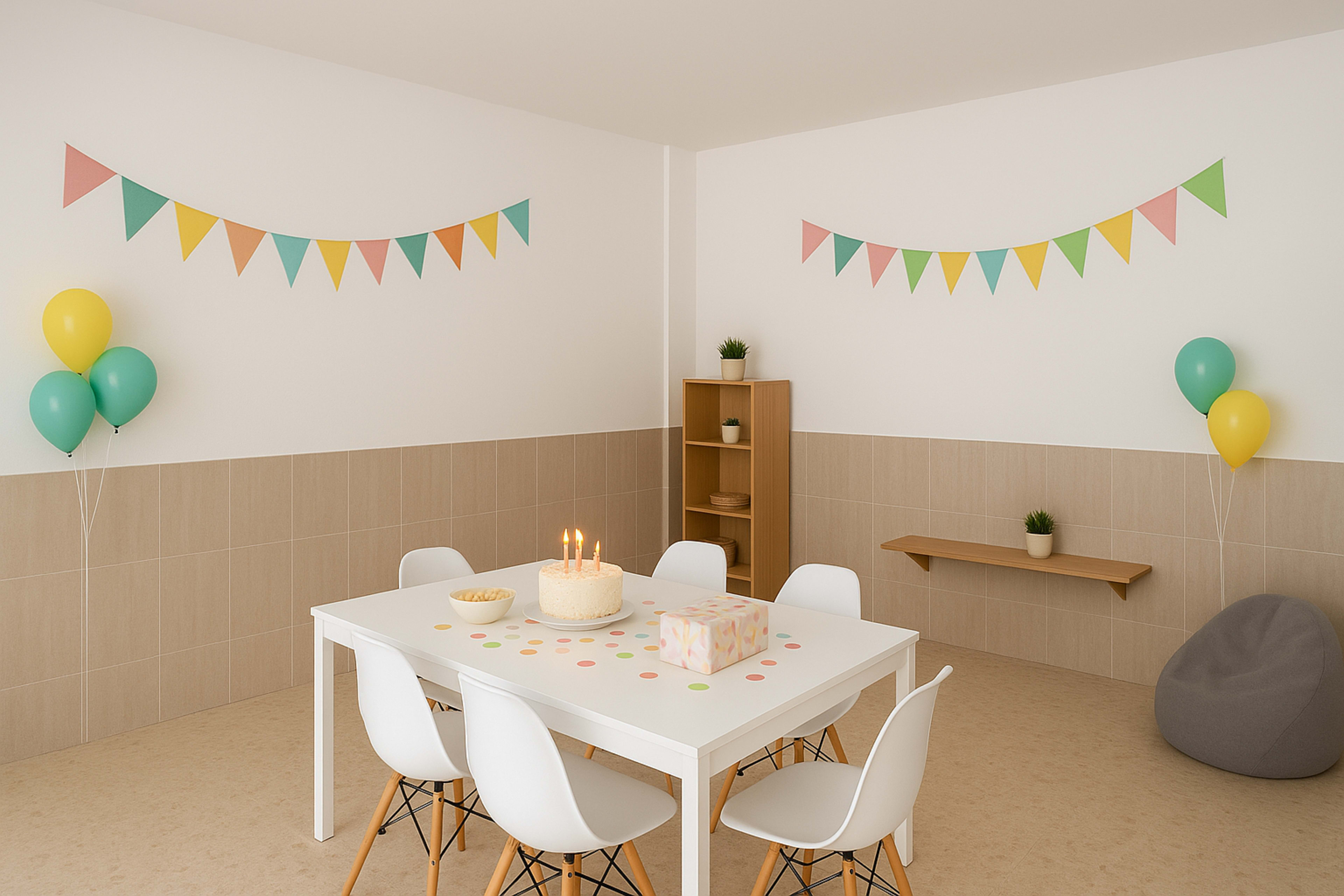 The image shows a brightly decorated room with a white table set for a celebration, featuring a cake with candles and colorful party decorations on the walls.