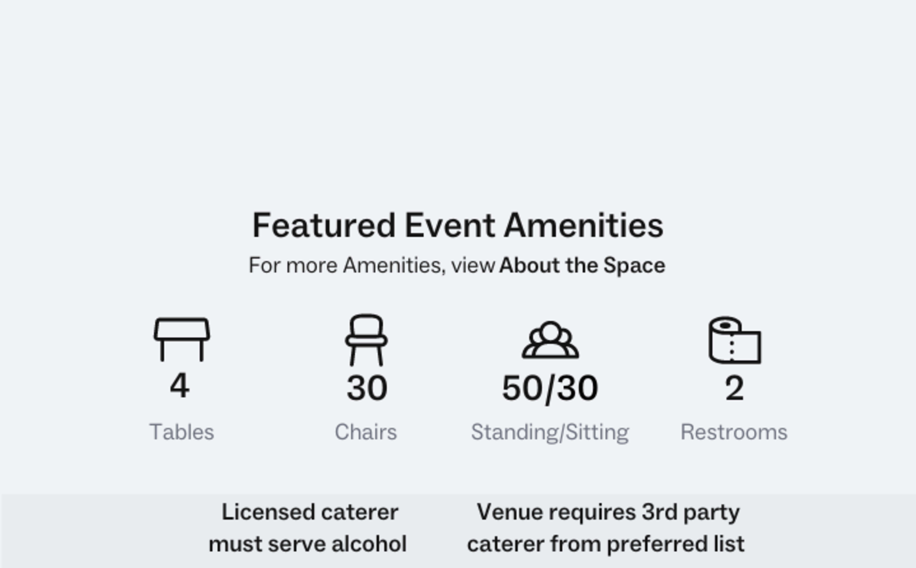The featured event amenities, including 4 tables, 30 chairs, a standing/sitting capacity of 50/30, and 2 restrooms.