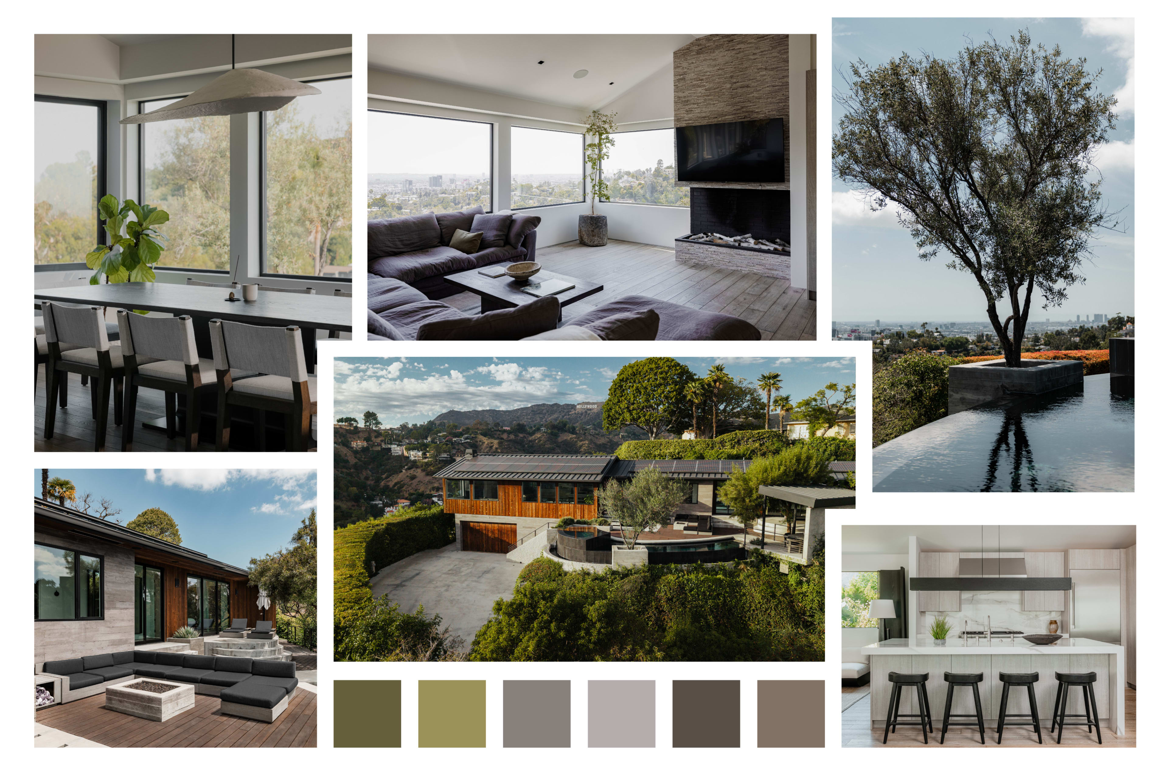 The image displays a collage of modern interior and exterior home designs, featuring spacious living areas, lush outdoor spaces, and an infinity pool with scenic views.