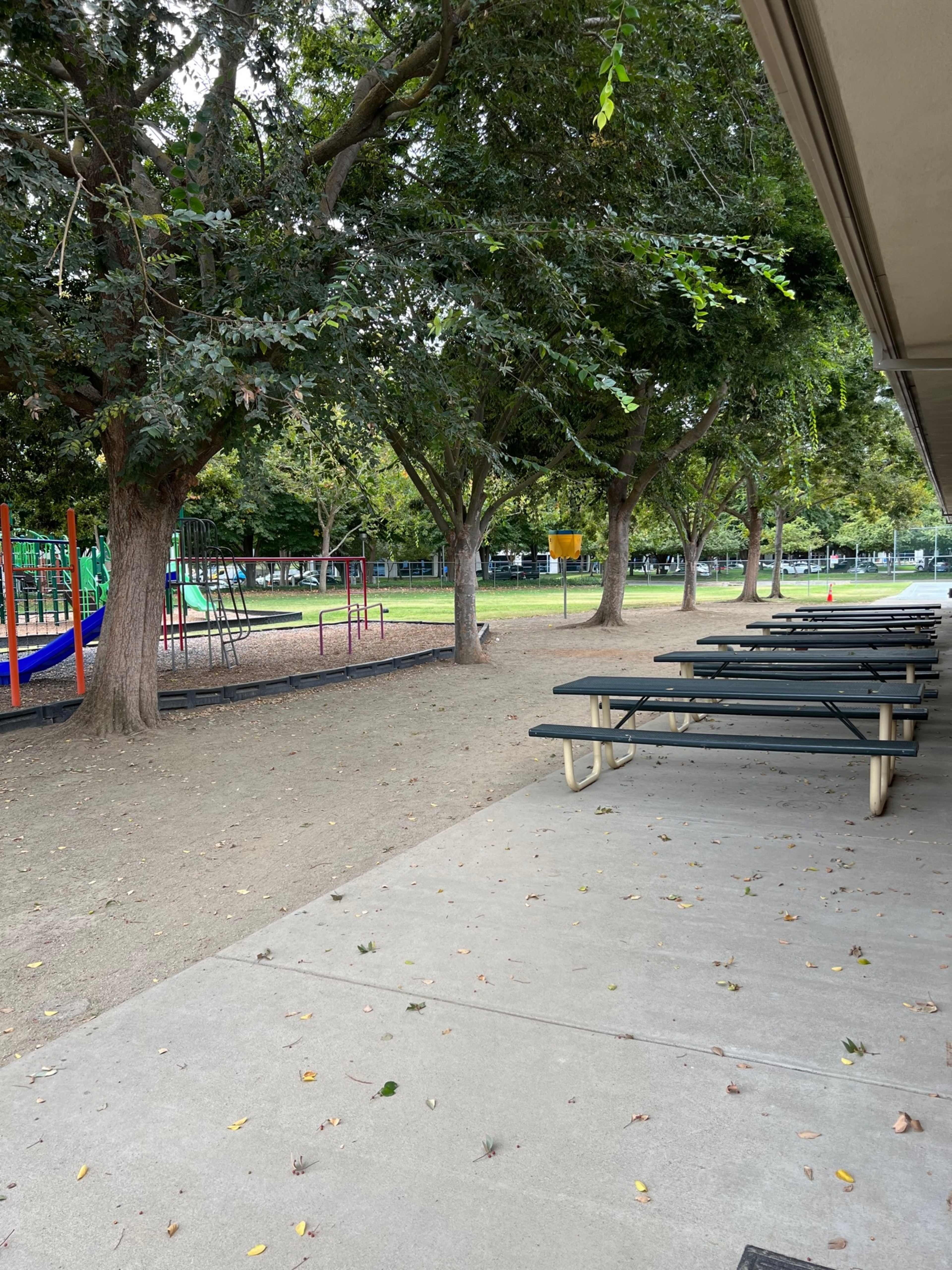A playground area with trees, picnic tables, and playground equipment in a park setting.