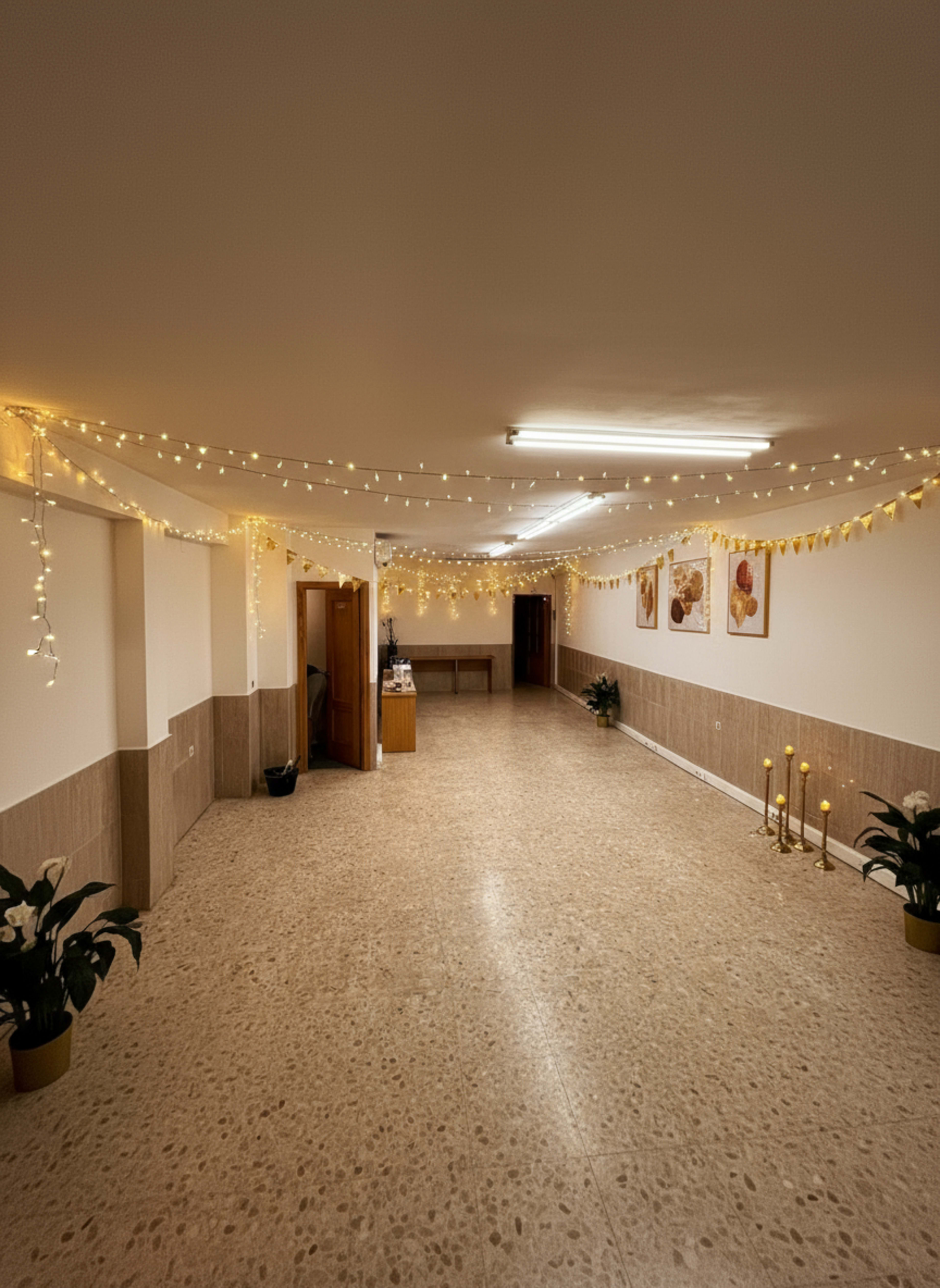 The image shows a well-lit hallway decorated with string lights and potted plants along the sides.