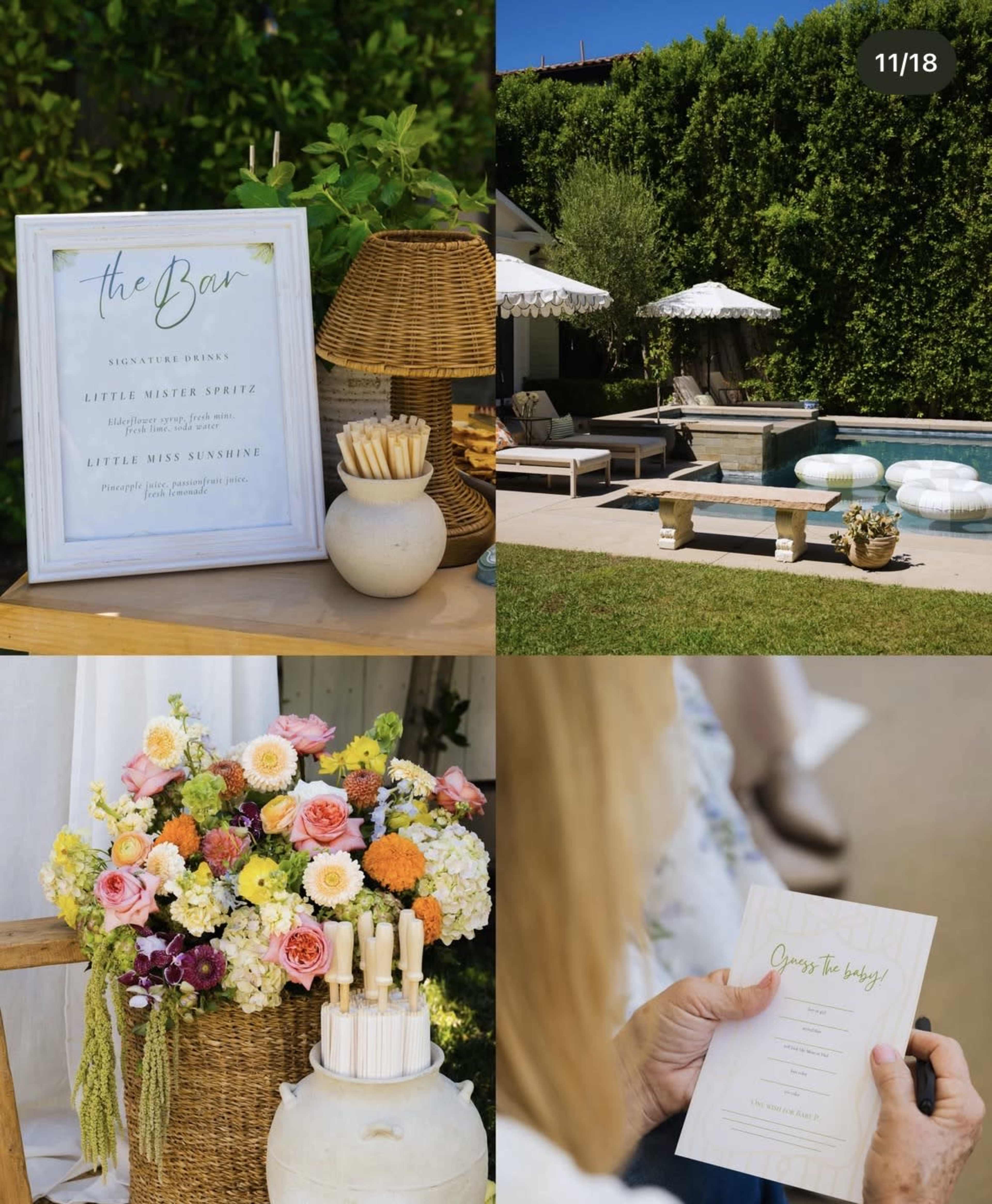 The image showcases a beautifully arranged outdoor event space, featuring a bar sign, a decorative floral arrangement, a pool area with seating, and a selection of elegant menus.