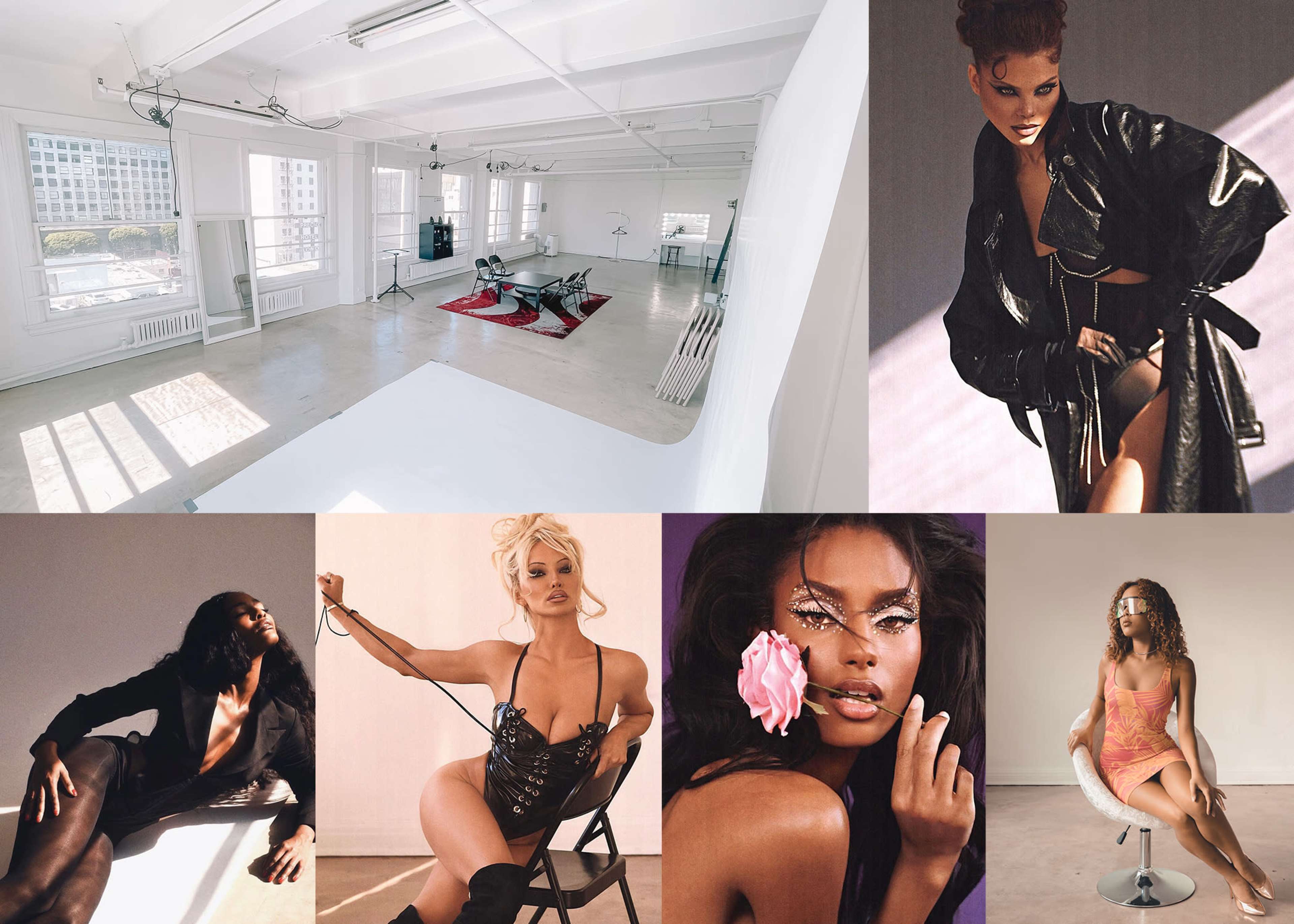 The image presents a modern, bright studio space alongside a collage of fashion photography featuring models in various poses and outfits.