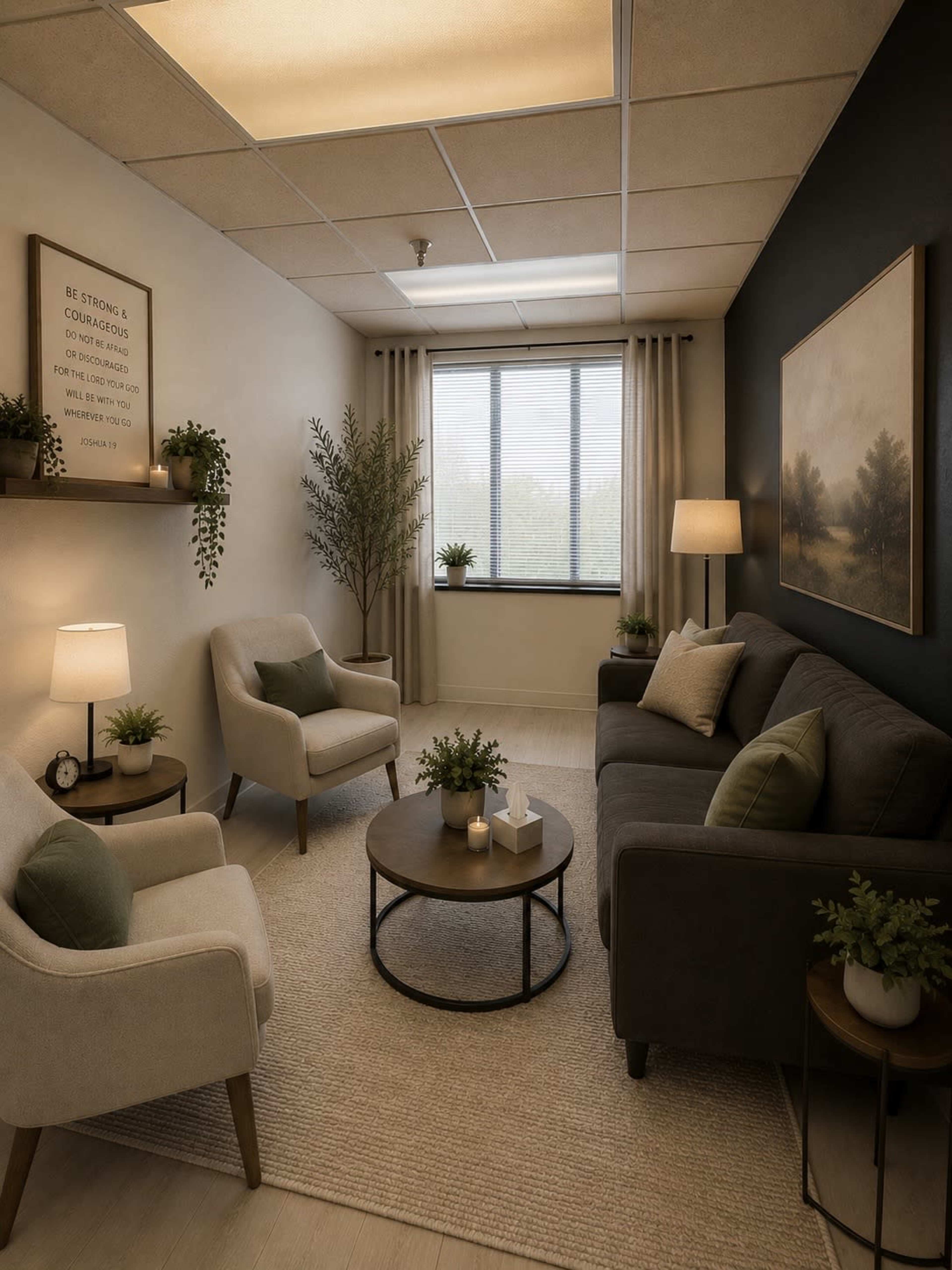 The image shows a nicely arranged therapy room featuring two light chairs, a dark sofa, a round coffee table, and plants, with soft lighting filtering through a window.