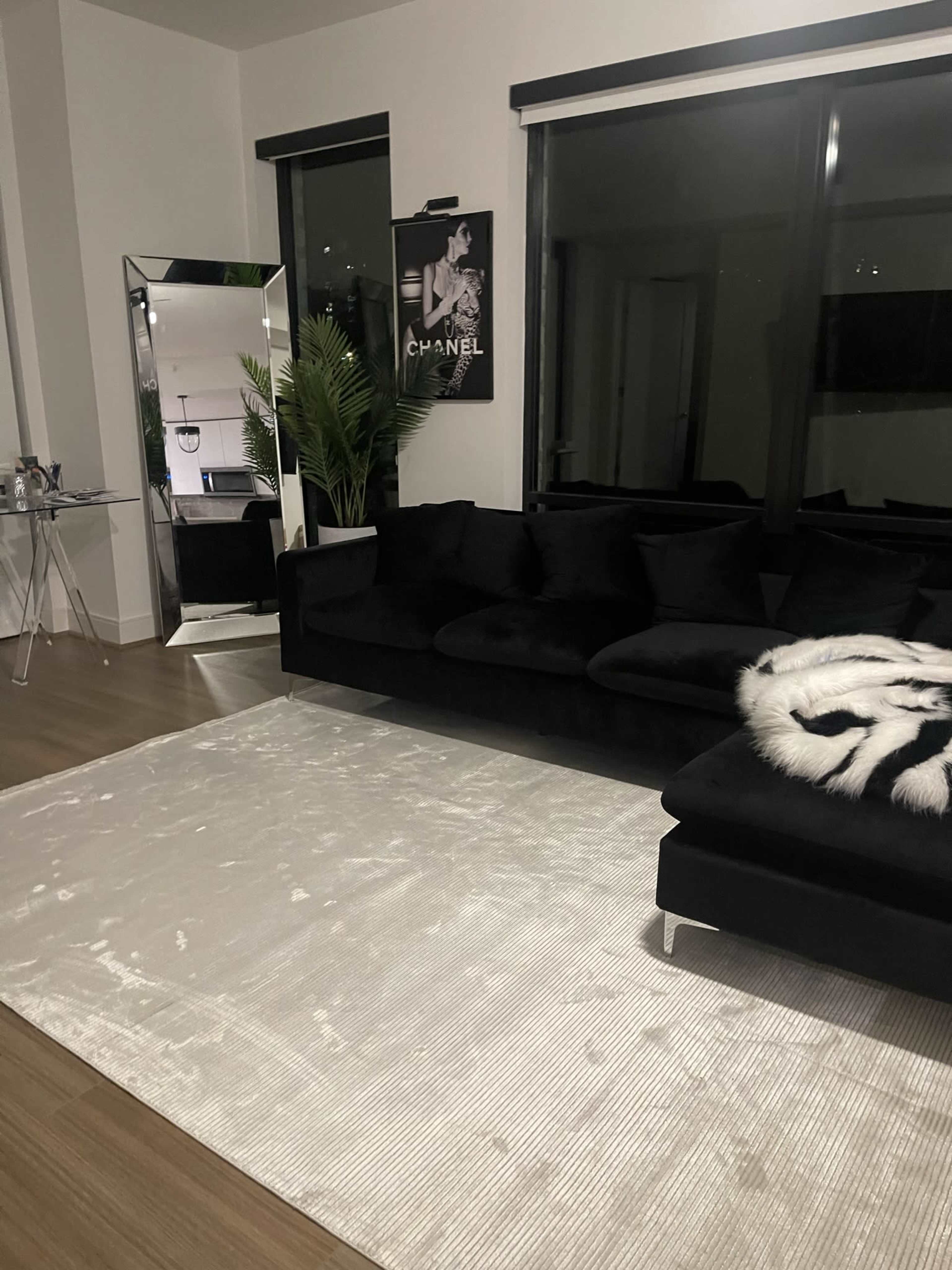 A modern living room with a black couch, a large mirror, a potted plant, and a silver rug on a hardwood floor.