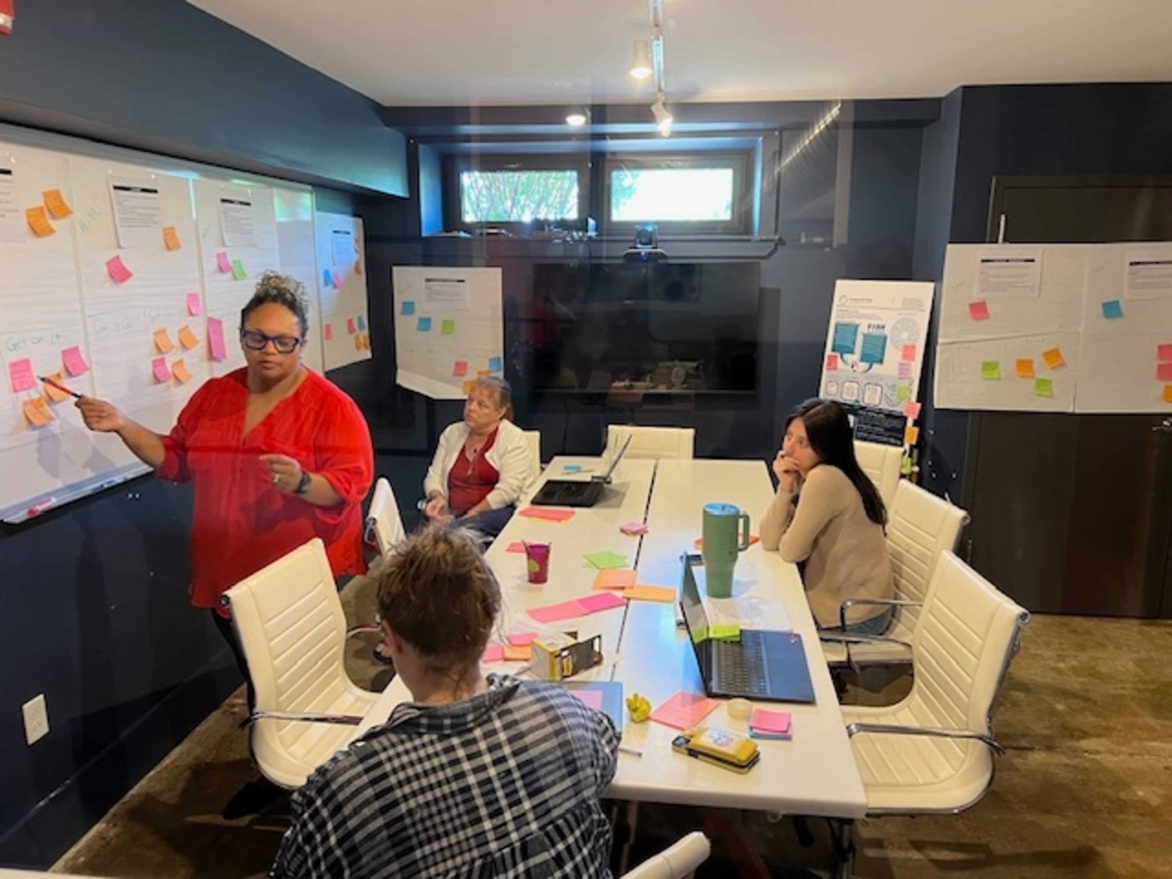 A group of people is gathered in a conference room, with one person presenting at a whiteboard surrounded by colorful sticky notes while others sit at a table with laptops and notebooks.