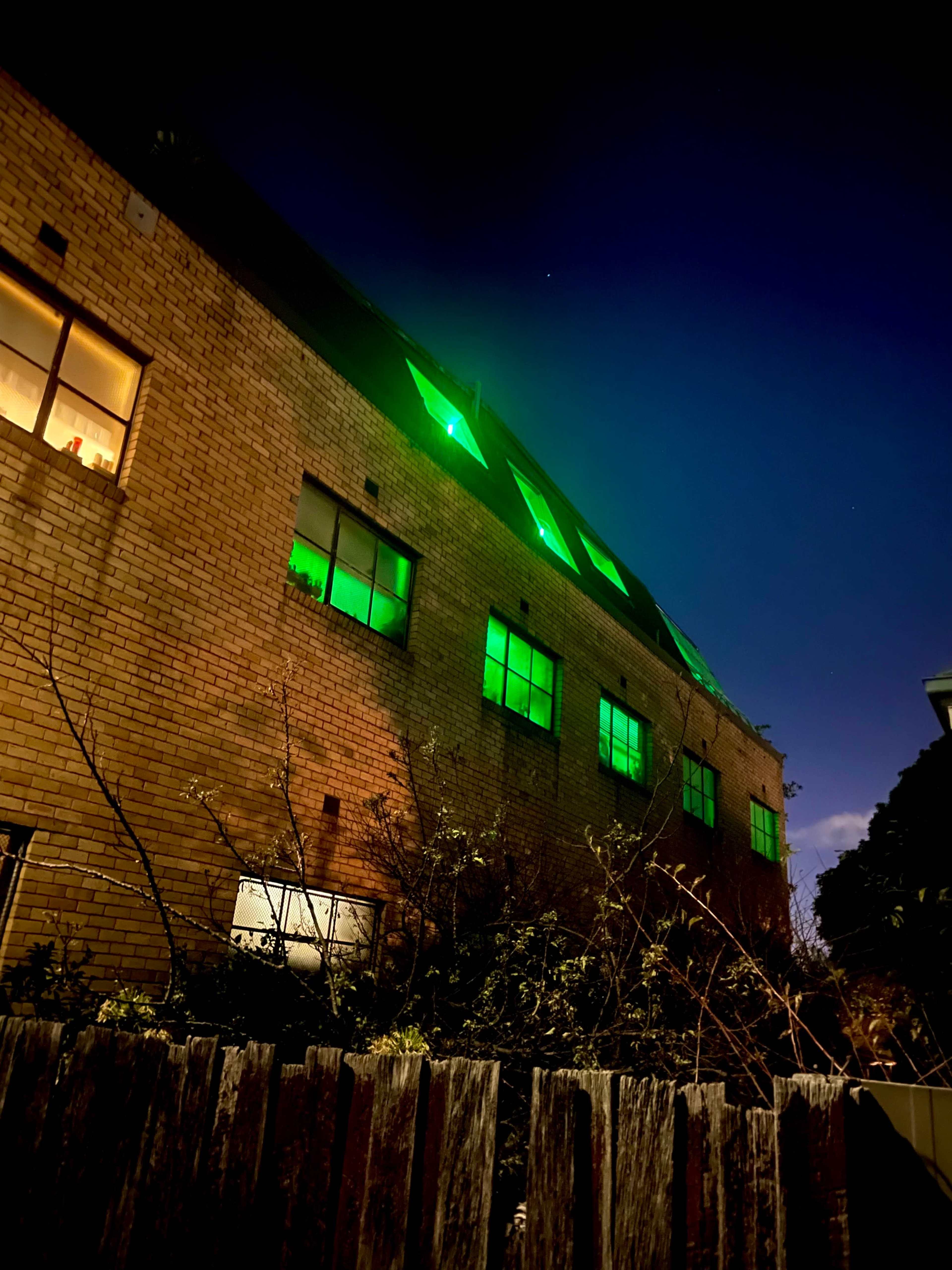 A brick building with illuminated green windows stands under a night sky, surrounded by overgrown bushes and a wooden fence.