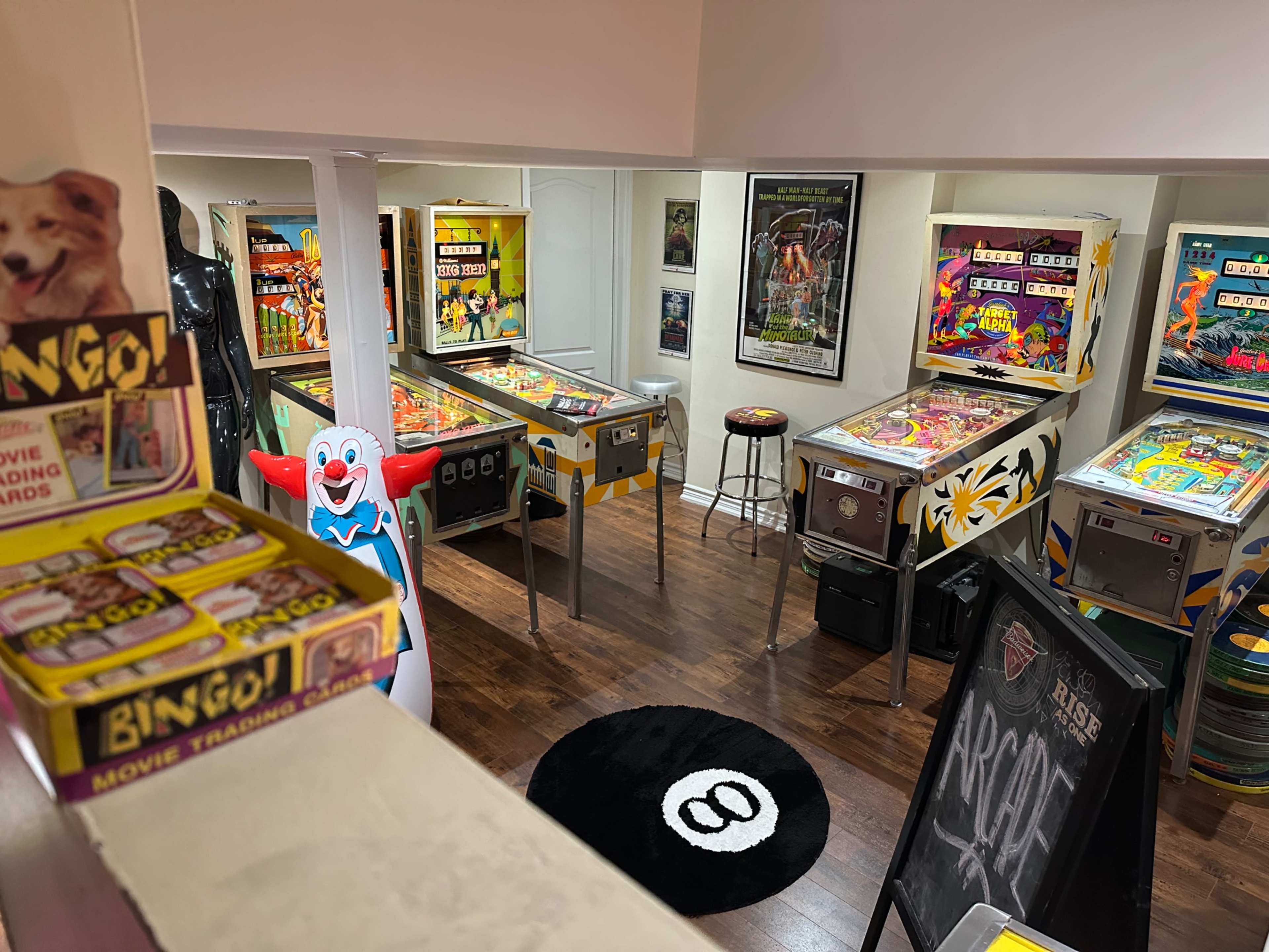 The image shows an arcade room featuring colorful pinball machines, a Bingo game box, a circular rug with a design, and movie posters on the walls.