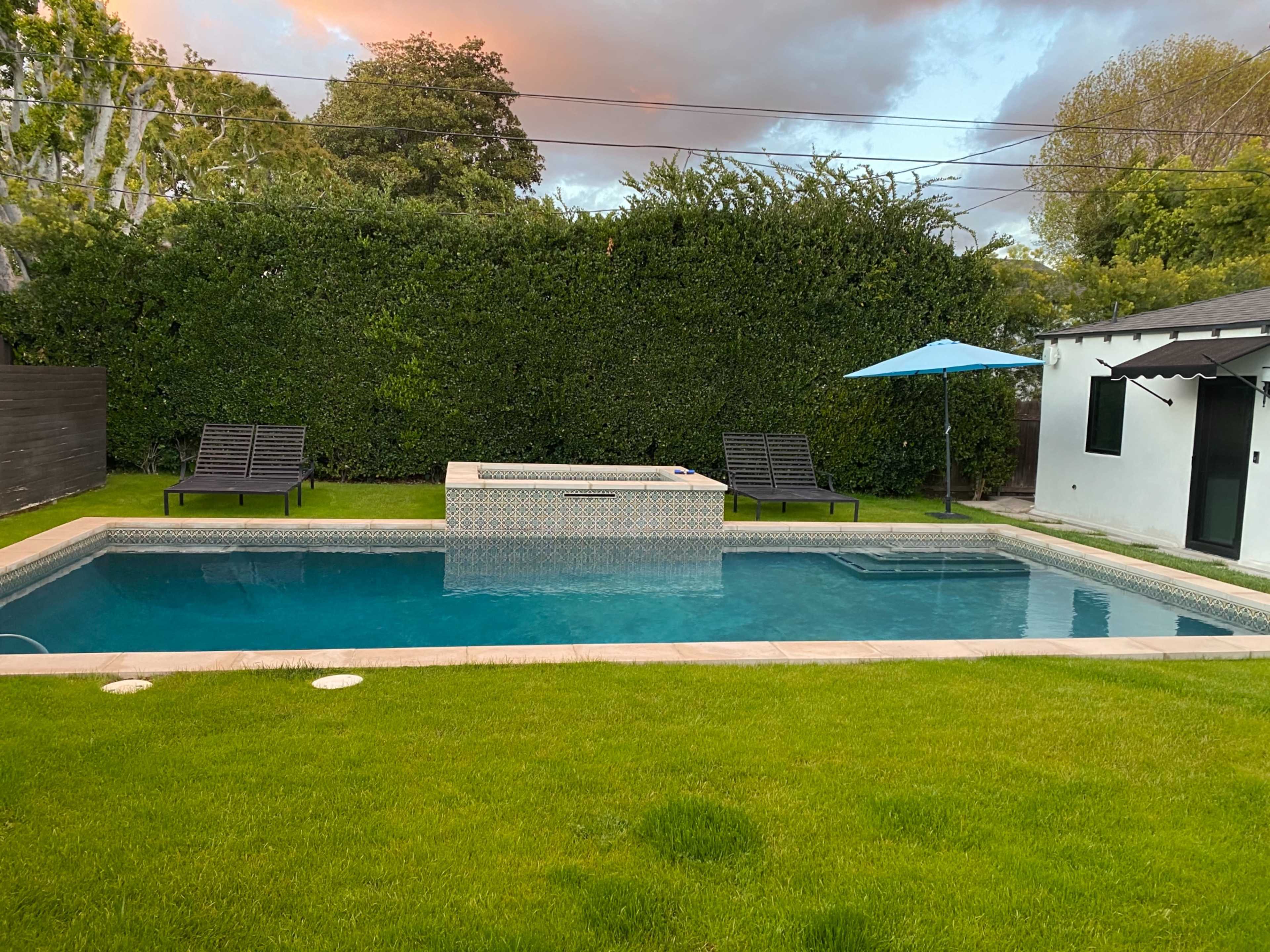 A swimming pool surrounded by green grass, two lounge chairs, and an umbrella in a backyard setting.