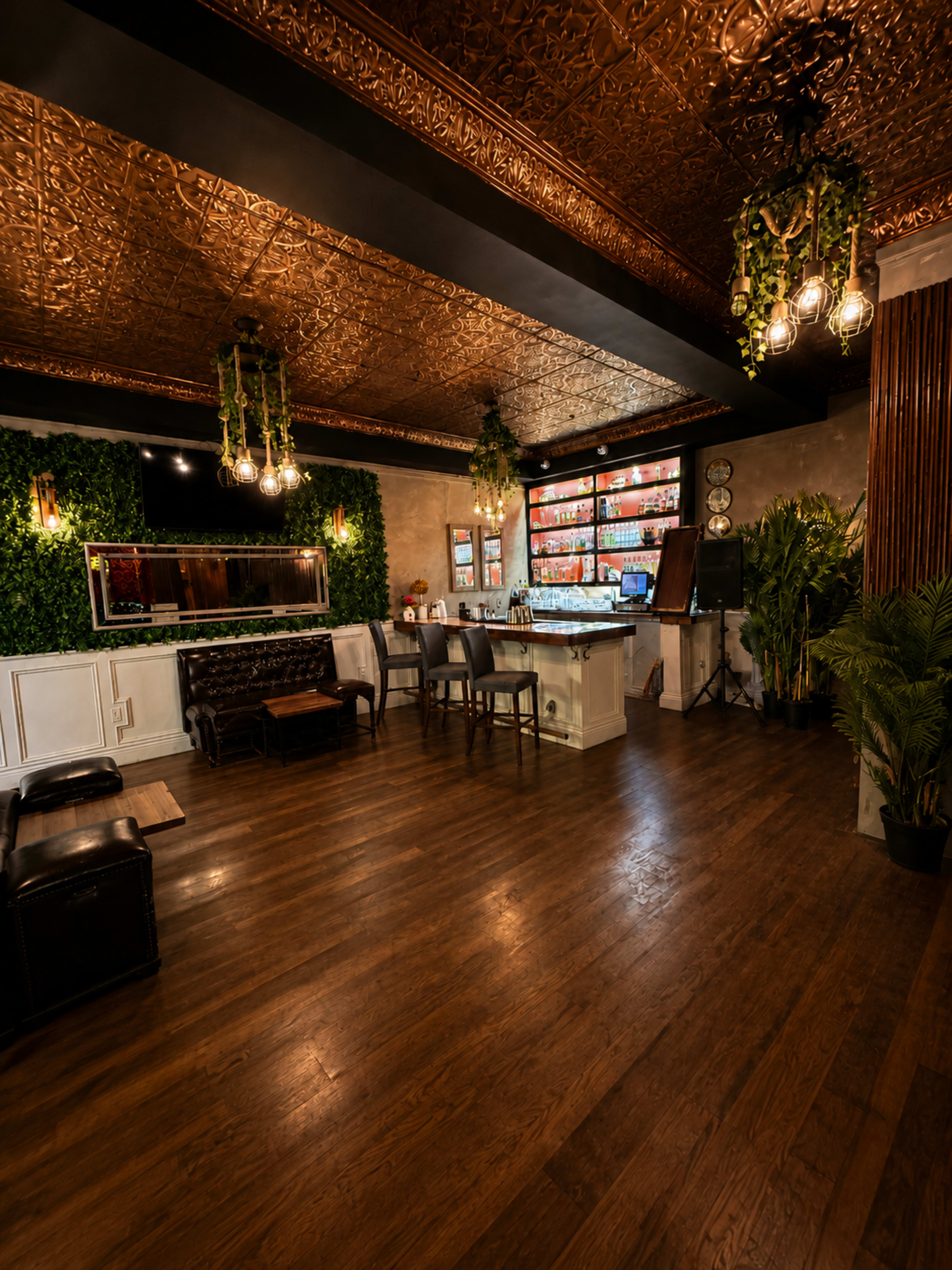 The image features a stylish bar interior with a decorative ceiling, a wooden floor, greenery against the walls, and a well-stocked bar in the background.