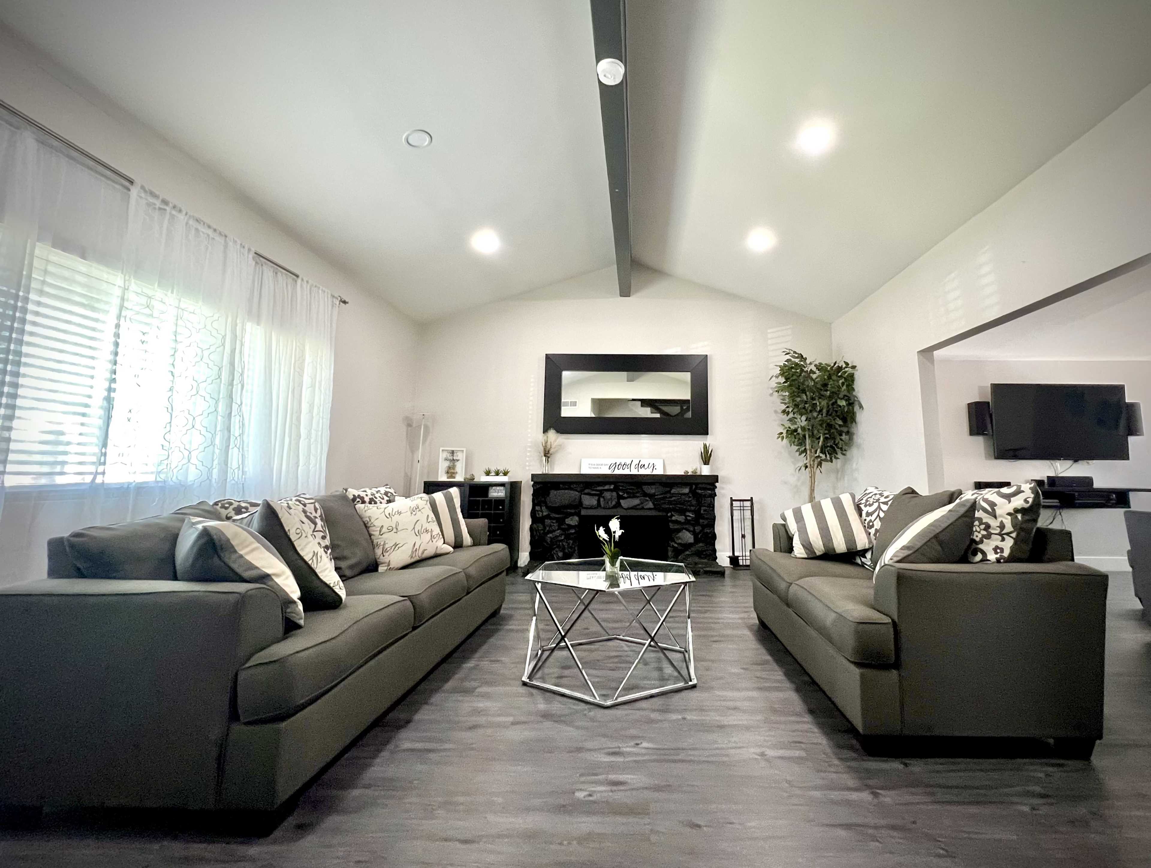The room features two gray sofas facing each other across a glass coffee table, with a fireplace and a wall-mounted TV in the background.