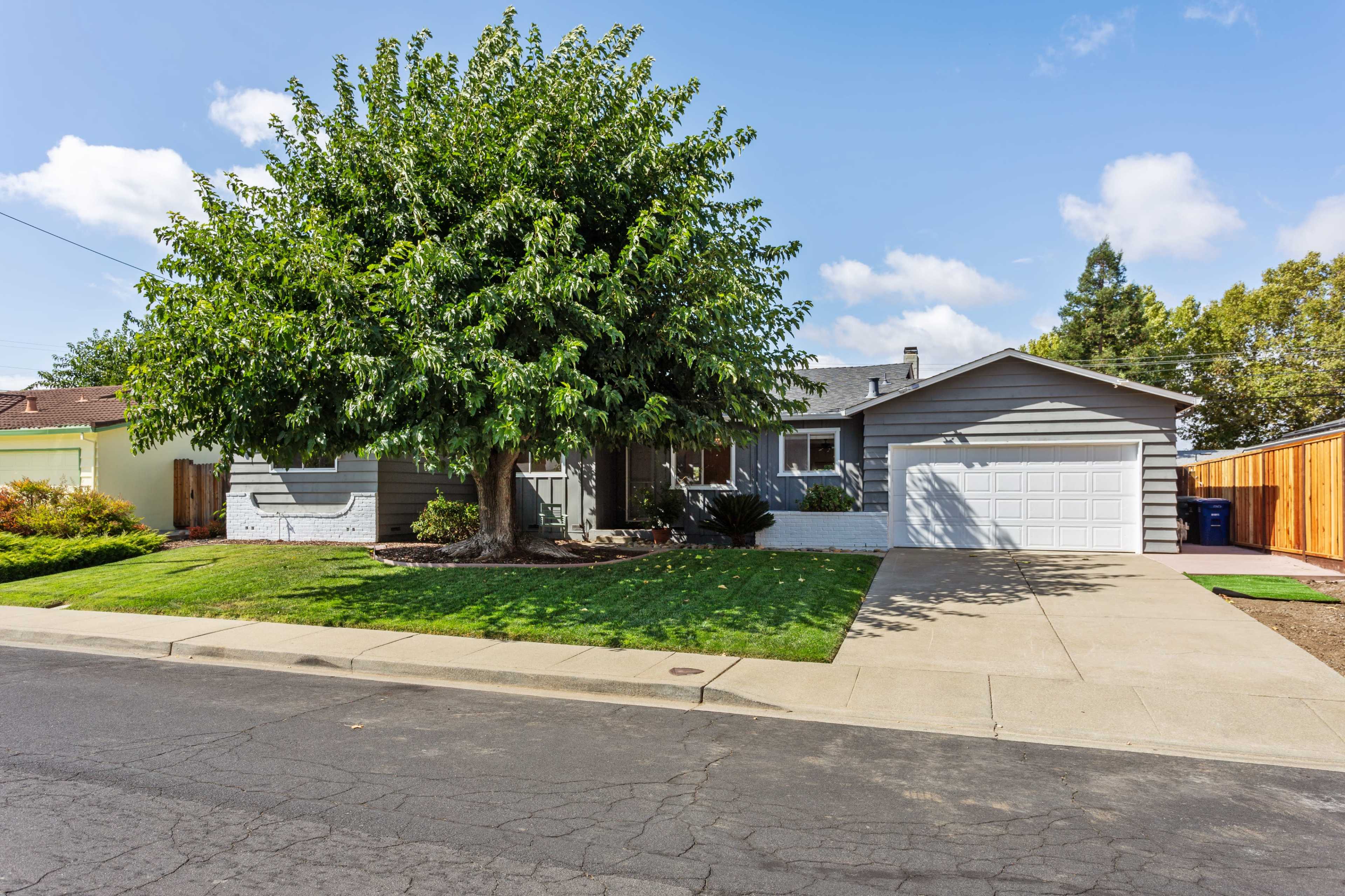 A single-story gray house with a large tree in the front yard and a two-car garage on a residential street.